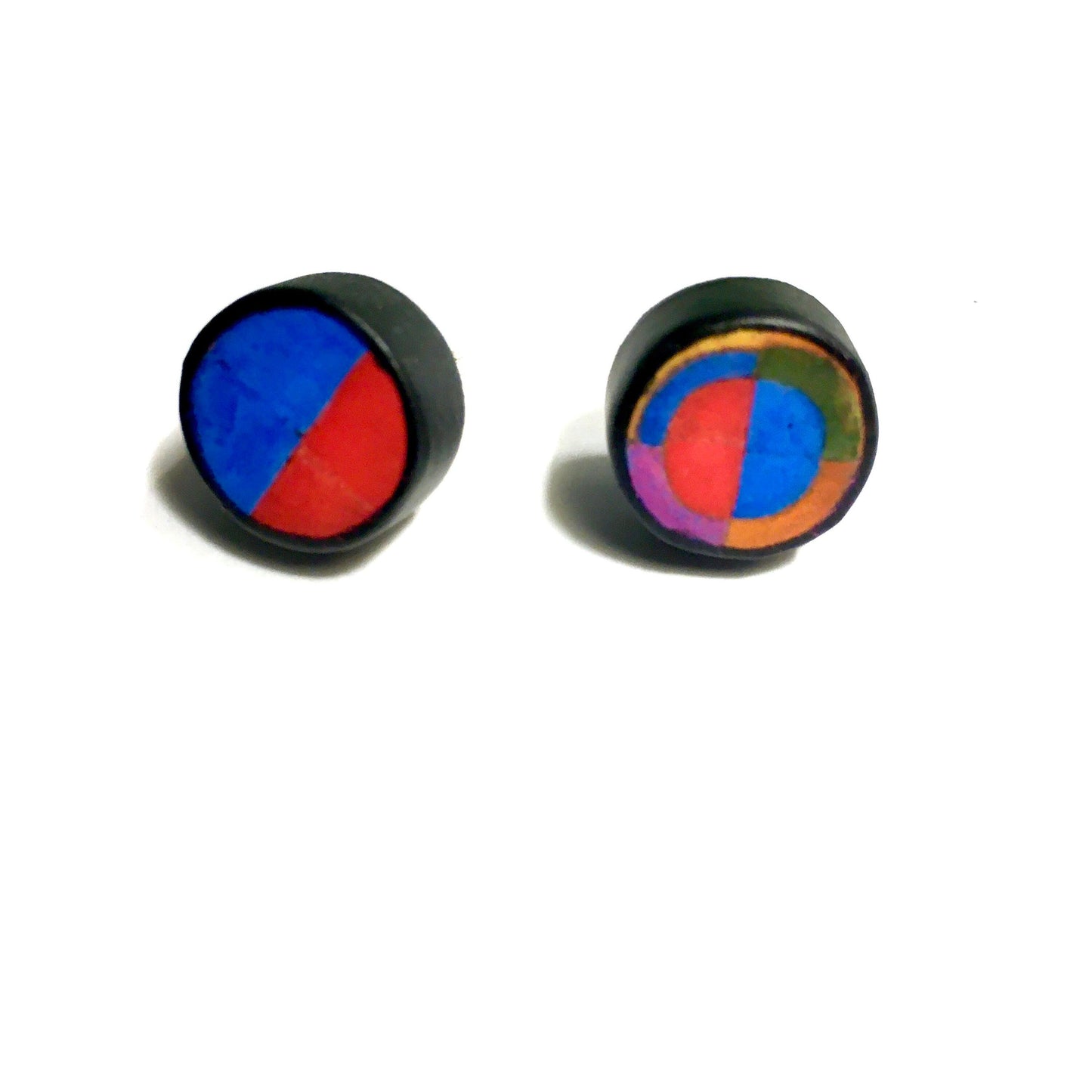 Robert Delaunay art earrings. Sustainable wood, sterling silver stud earrings. Teen girl gift.