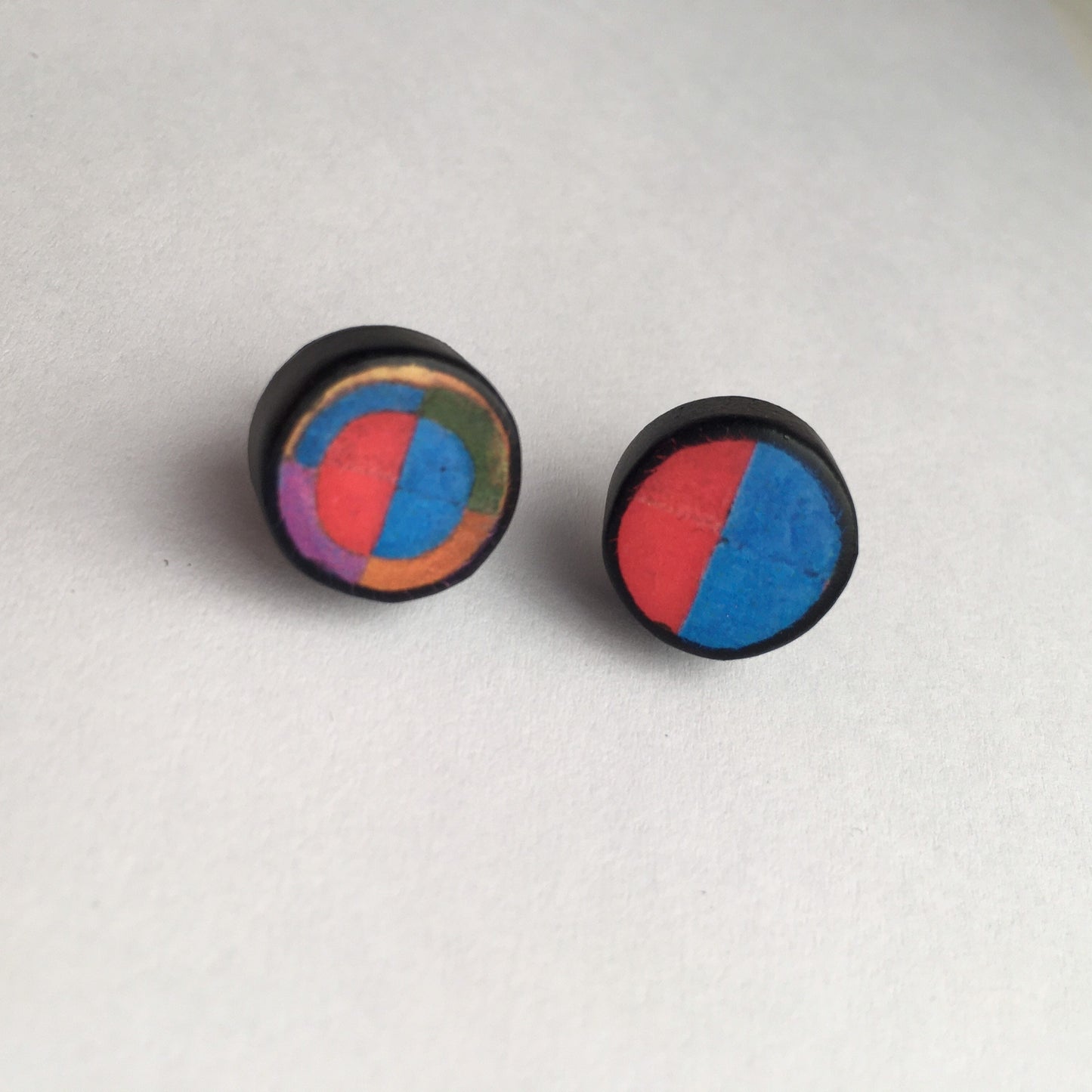 Robert Delaunay art earrings. Sustainable wood, sterling silver stud earrings. Teen girl gift.