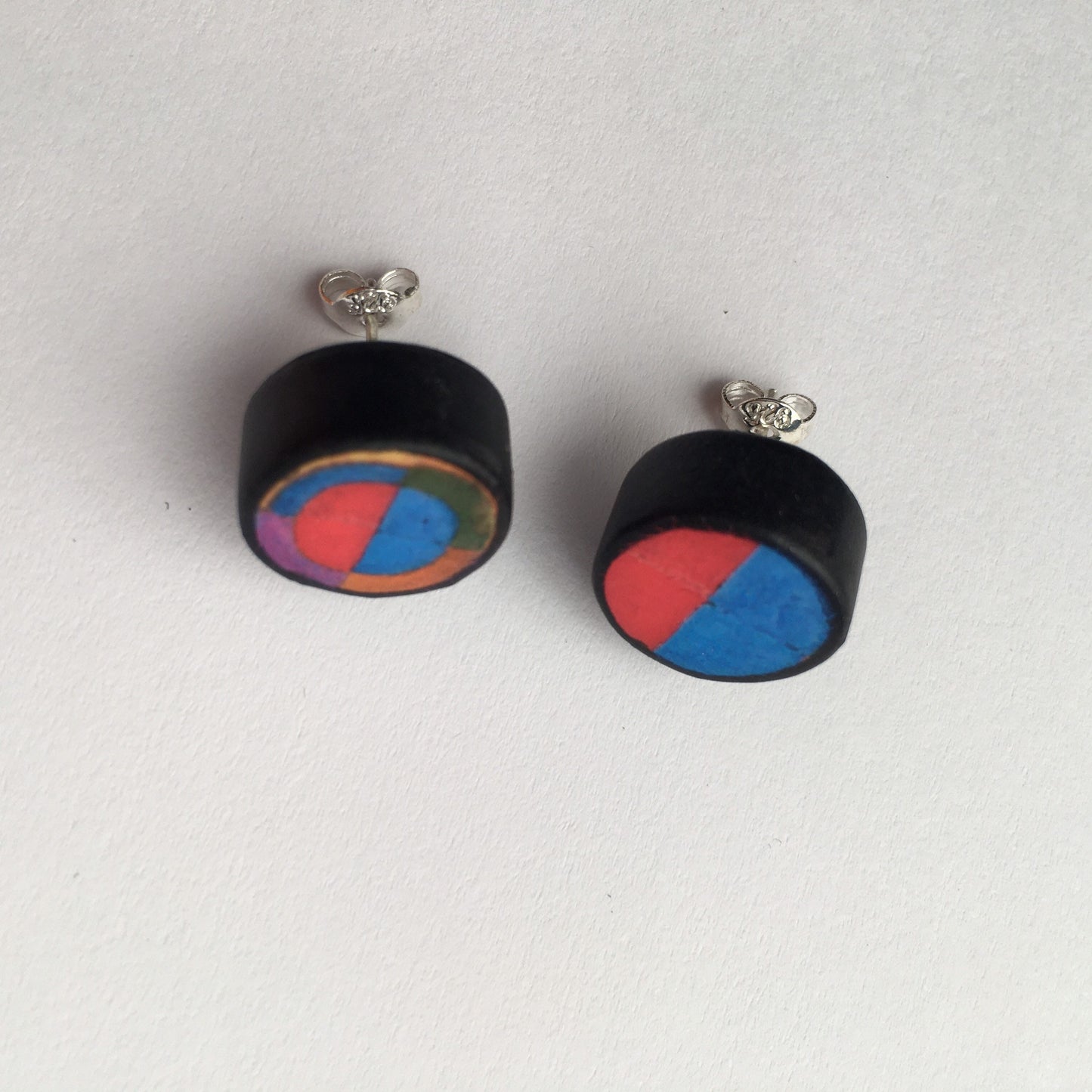 Robert Delaunay art earrings. Sustainable wood, sterling silver stud earrings. Teen girl gift.