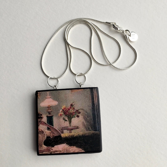 Victorian art detail painting “An Evening at Home” 1888. by Edward John Poynter  on this sustainable, statement, wood pendant with sterling silver necklace, handmade by Obljewellery, artsy and aesthetic gift shop.