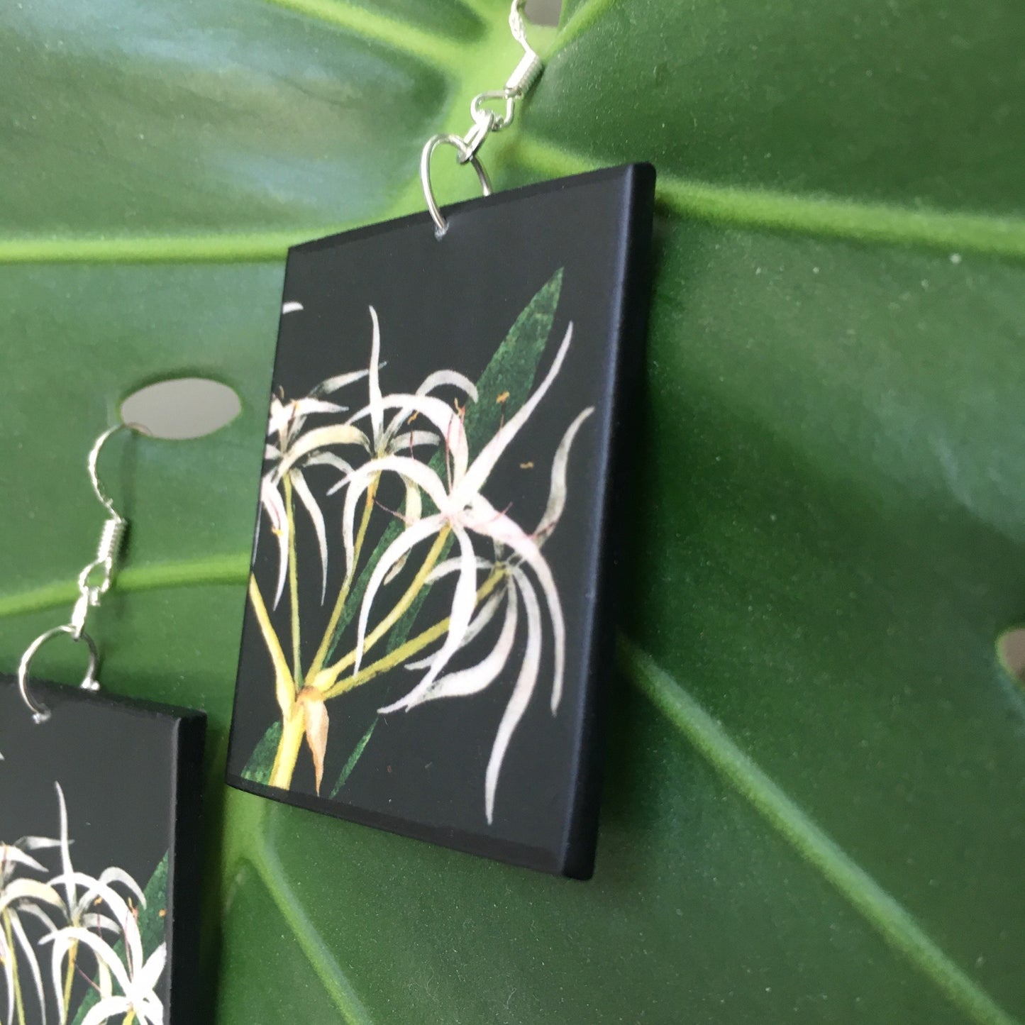 earrings on sustainable wood with a figurative floral detail from a collage by famous English artist Mary Delany.