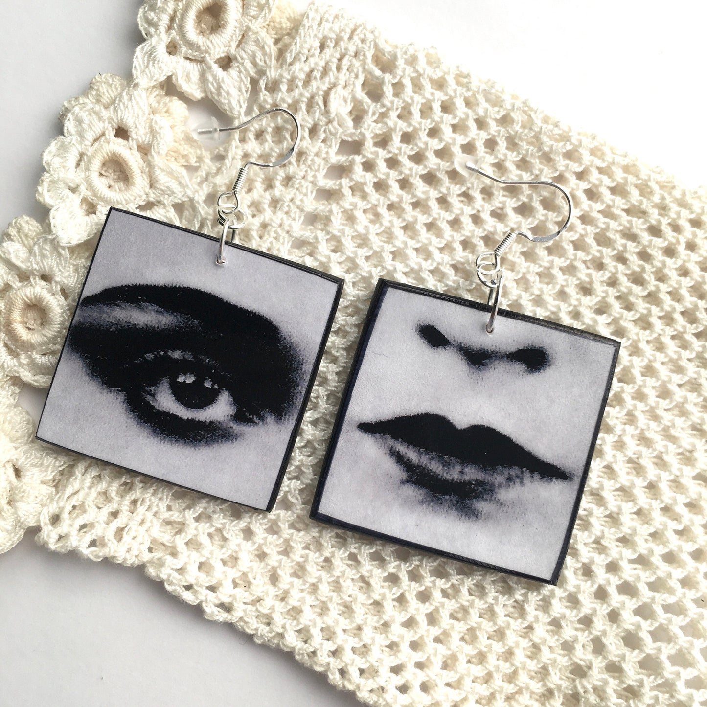obljewellery wood square earrings. Black and white earrings with details of pop face, lips, nose an an costructivist eye.