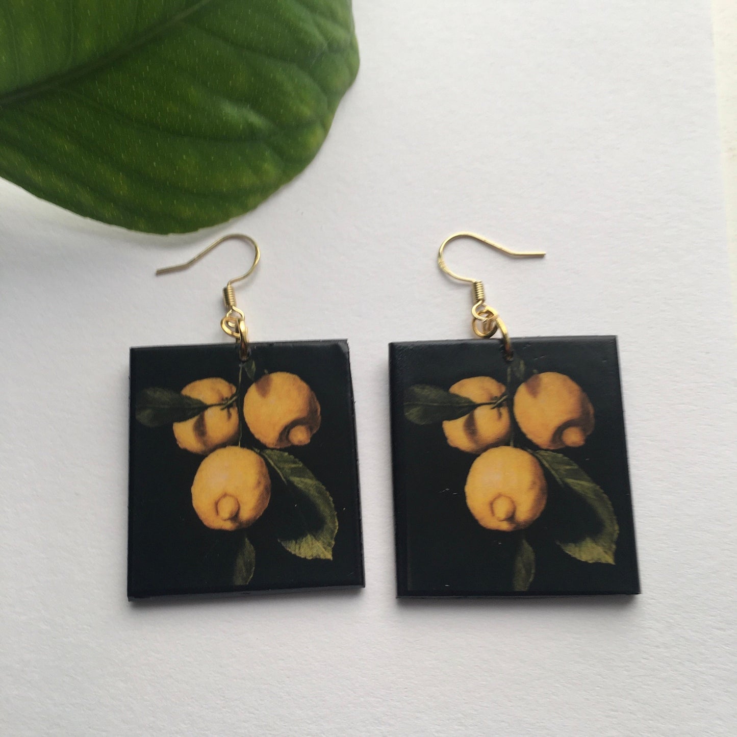 Lemon art earrings, sustainable wooden earrings. Wearable artsy gift.