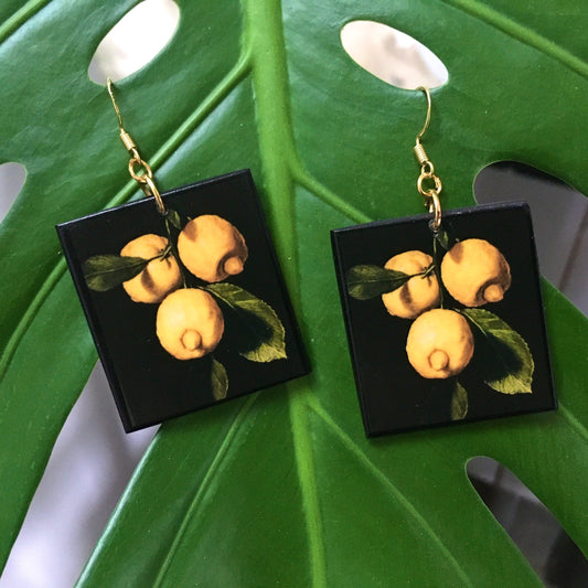Lemon art earrings, sustainable wooden earrings. Wearable artsy gift.