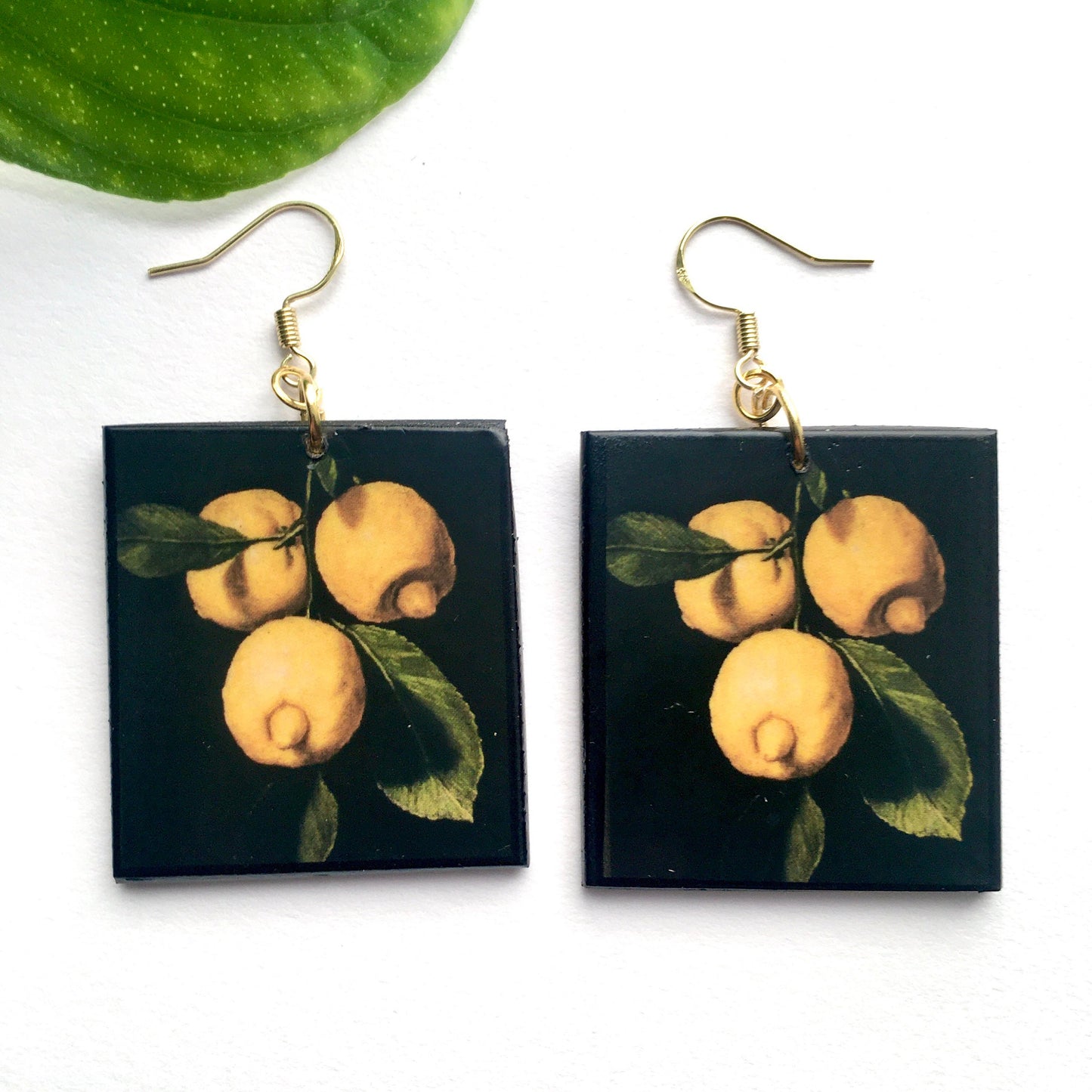 Lemon art earrings, sustainable wooden earrings. Wearable artsy gift.