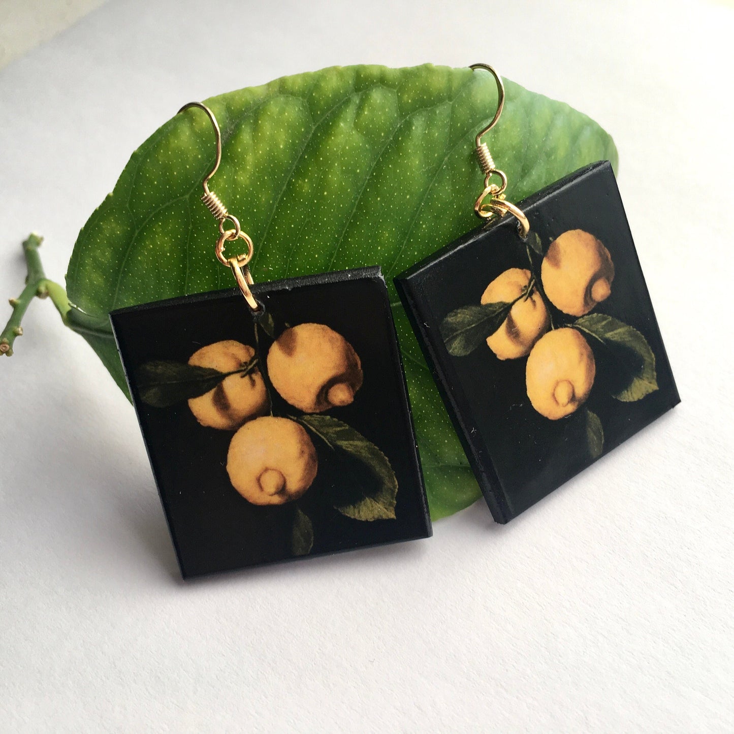 Lemon art earrings, sustainable wooden earrings. Wearable artsy gift.