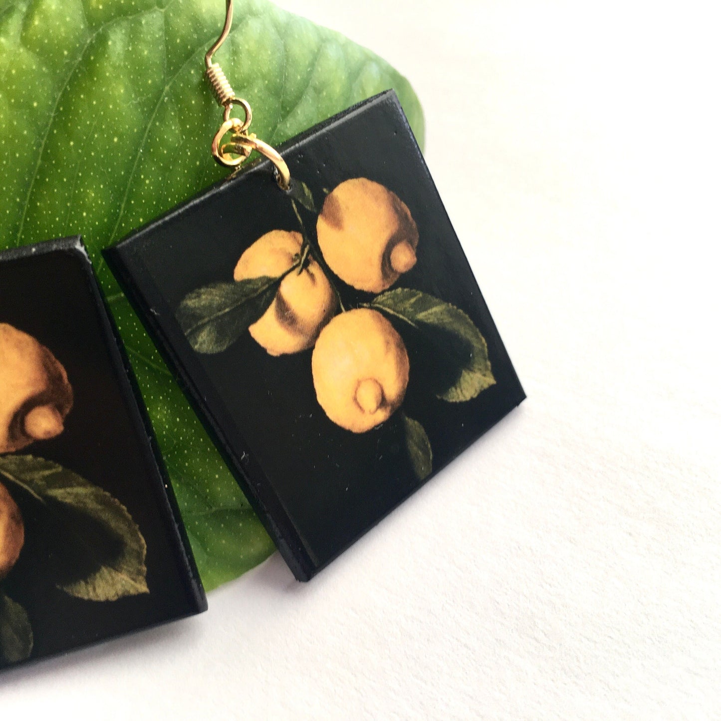 Lemon art earrings, sustainable wooden earrings. Wearable artsy gift.