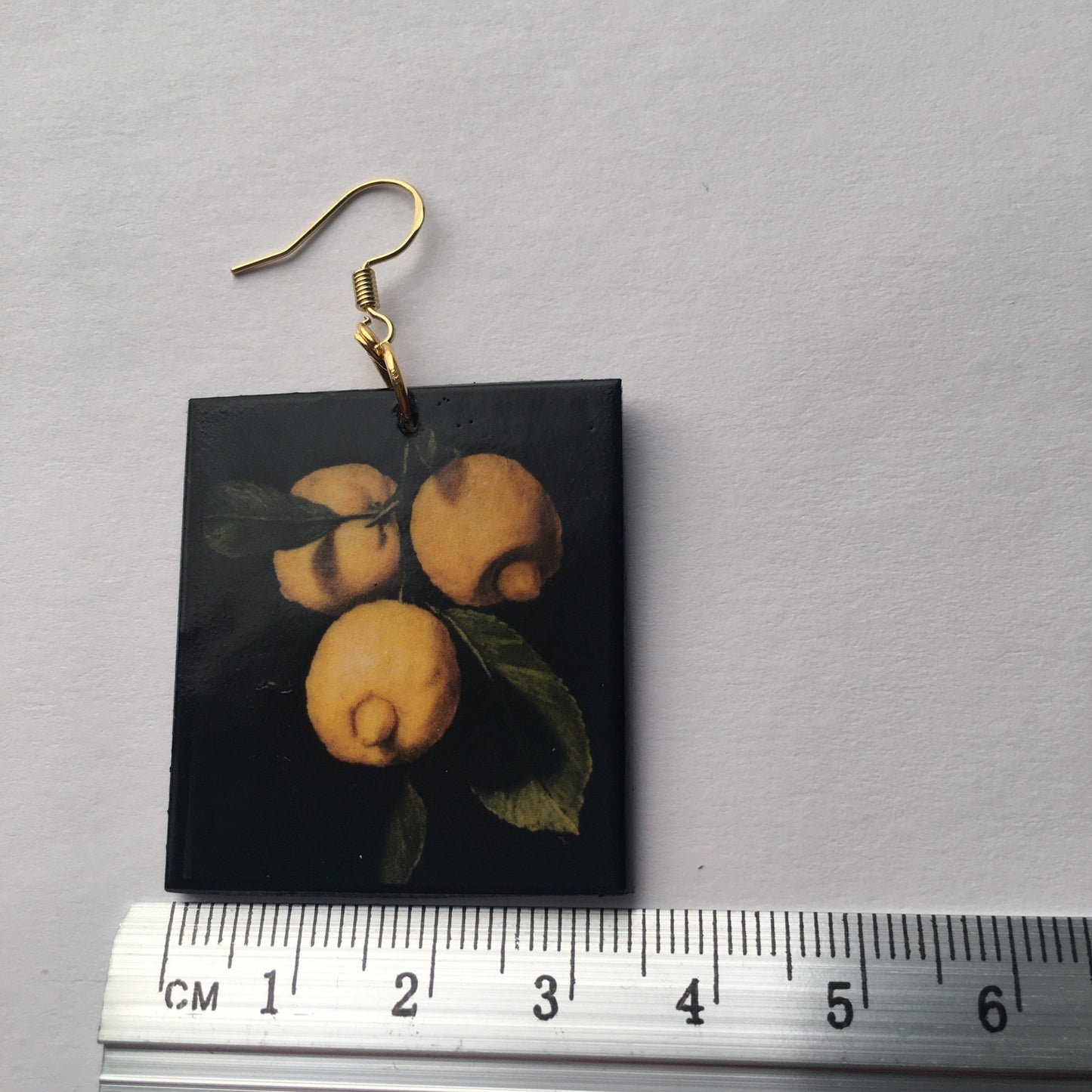 Lemon art earrings, sustainable wooden earrings. Wearable artsy gift.