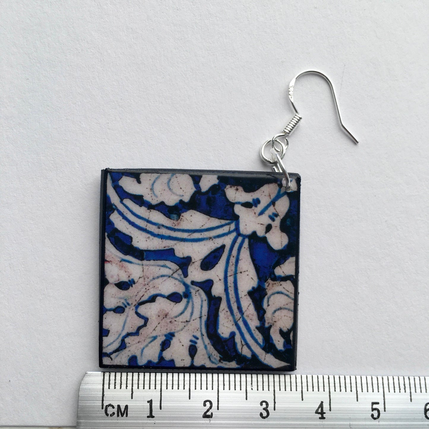 Blue and white earrings, wood artsy earrings.