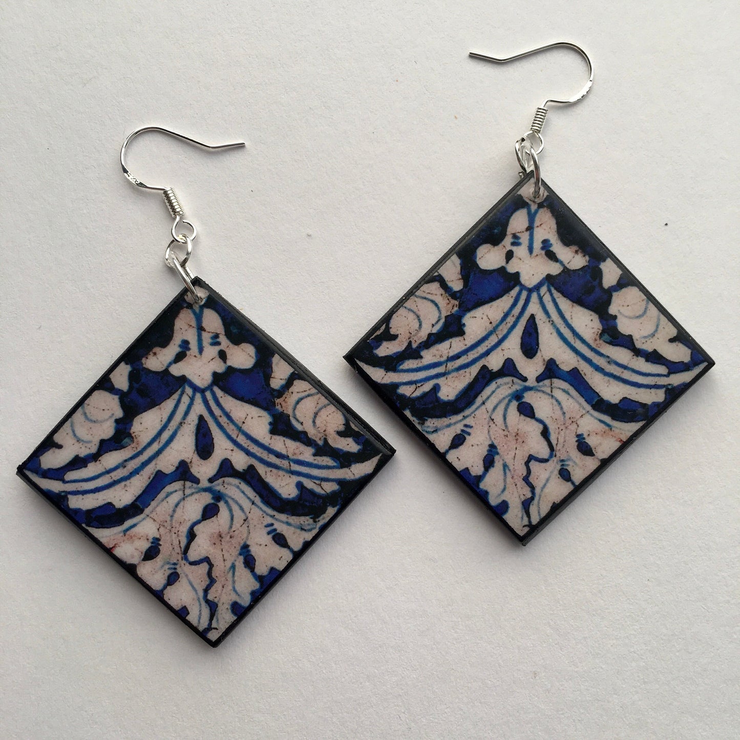 Blue and white earrings in Italian Baroque ceramic tiles . Handmade on wood. The artsy earrings by Obljewellery