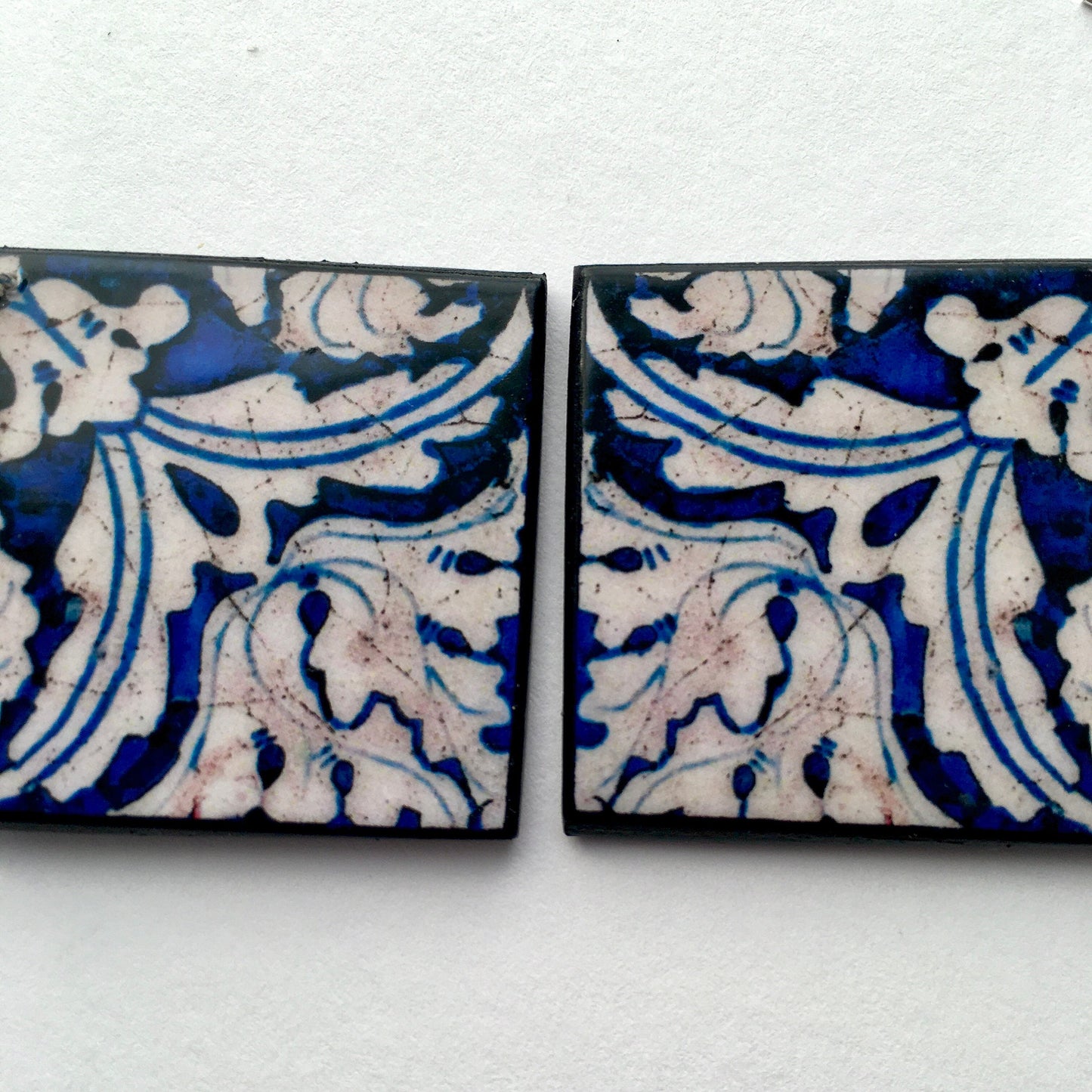Blue and white earrings, wood artsy earrings.