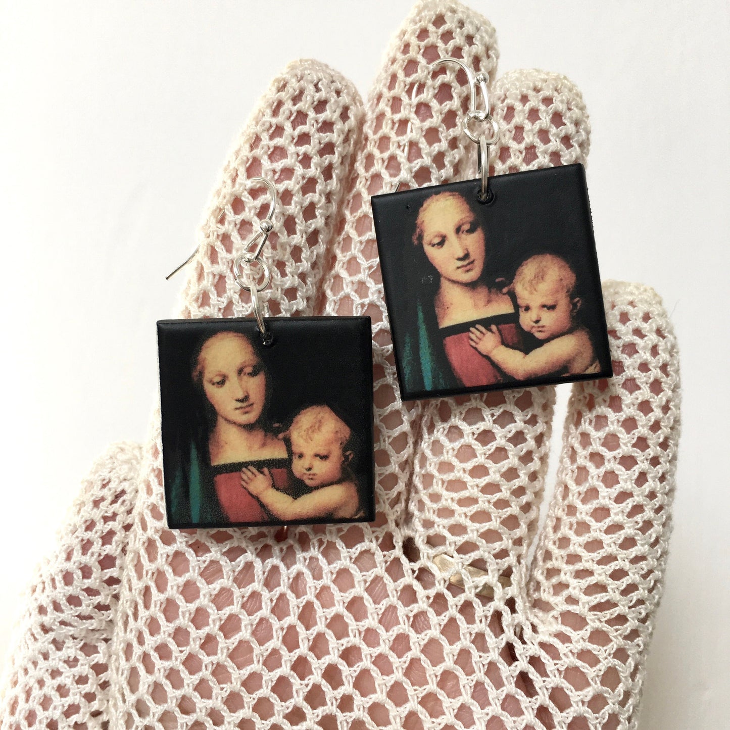 Museum-Inspired Sustainable Earrings Madonna with Child, Raphael art earrings Obljewellery