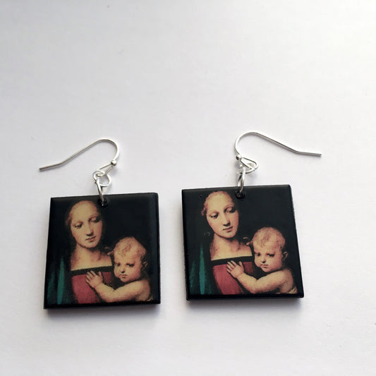 wooden earrings, Madonna with Child (Mandonna del Granduca by Raffaello Sanzio (Raphael)). These 1 inch wood earrings are the unique Christmas earrings for her.