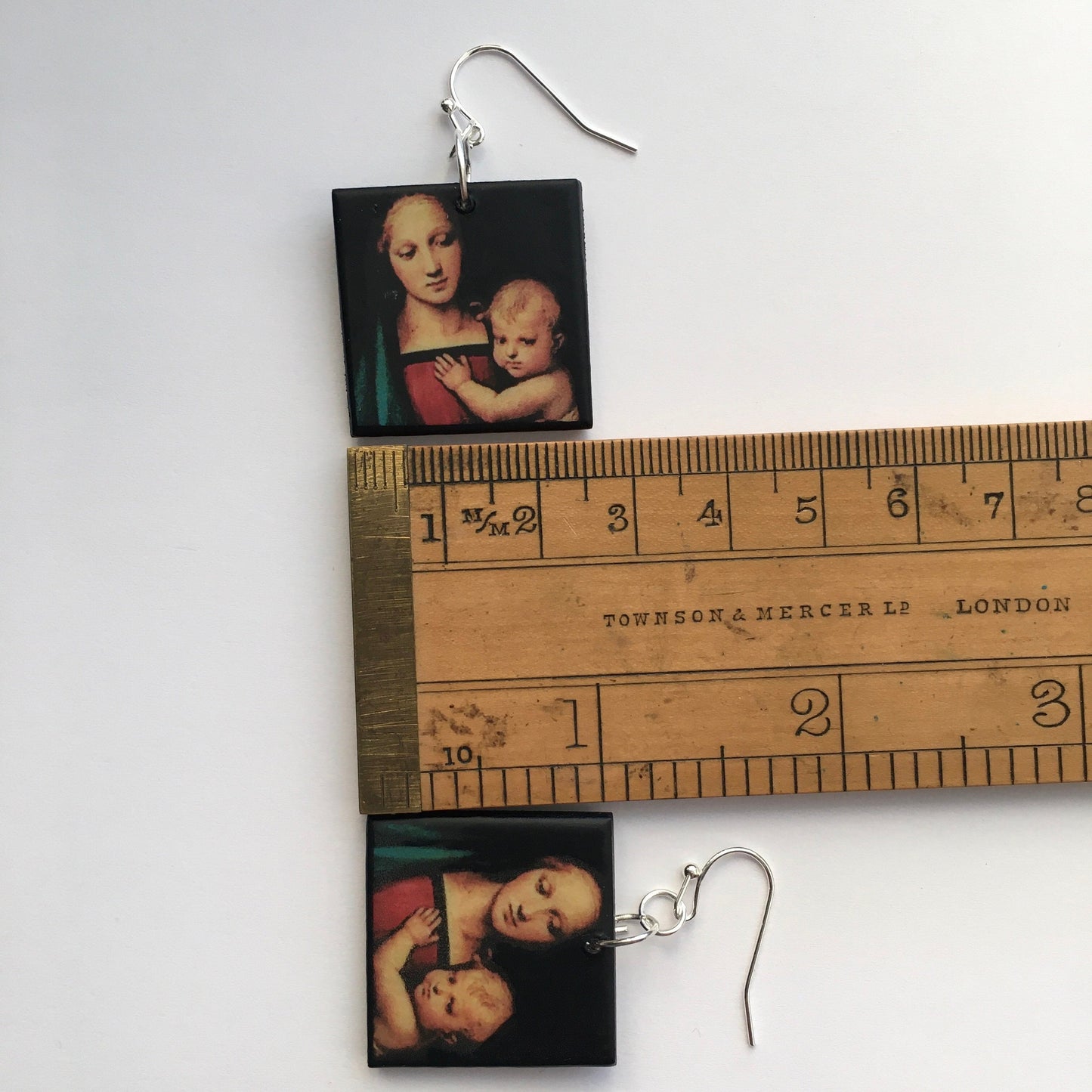 wooden earrings, Madonna with Child (Mandonna del Granduca by Raffaello Sanzio (Raphael)). These 1 inch wood earrings are the unique Christmas earrings for her.