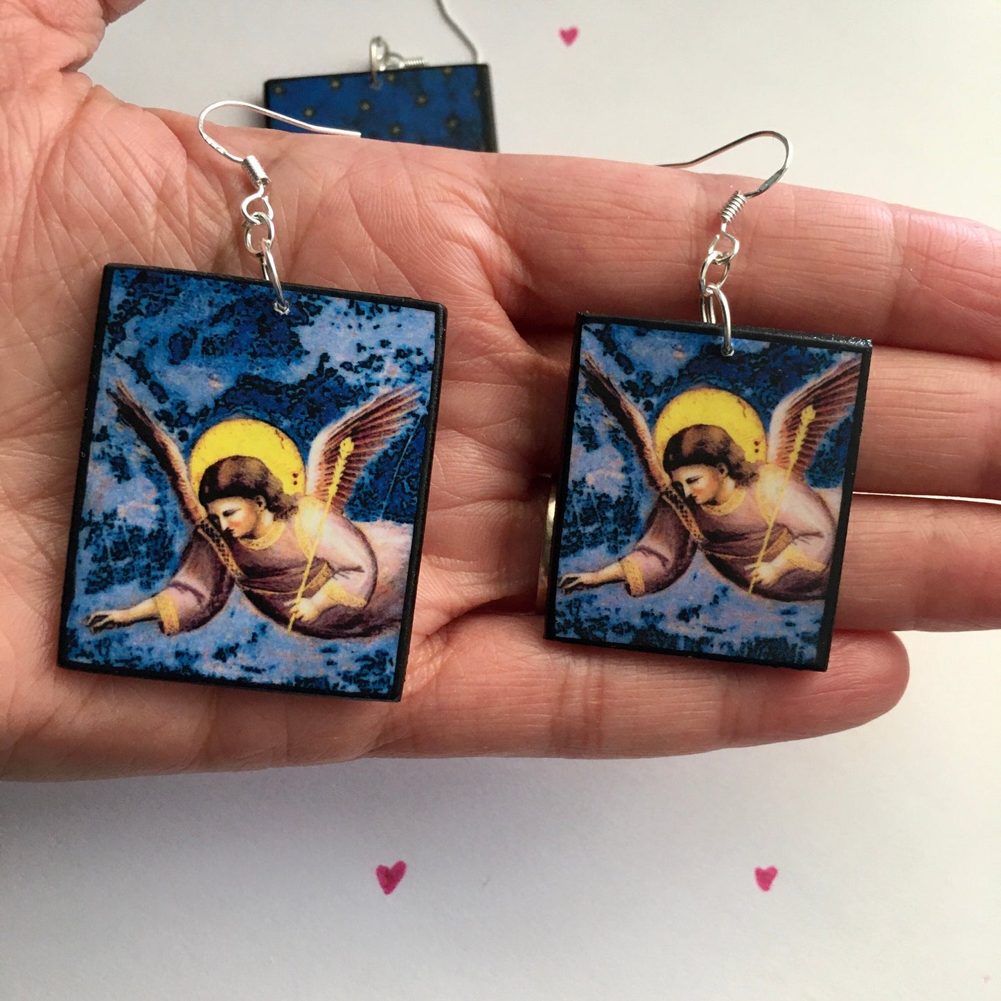 Giotto earrings, set o two pair of different size with art details from Cappella degli Scrovegni. Mother and daughter sustainable, artsy gift. Lightweight earrings on sustainable wood and sterling silver hooks earrings with a lapislaz starry sky and an angel.
