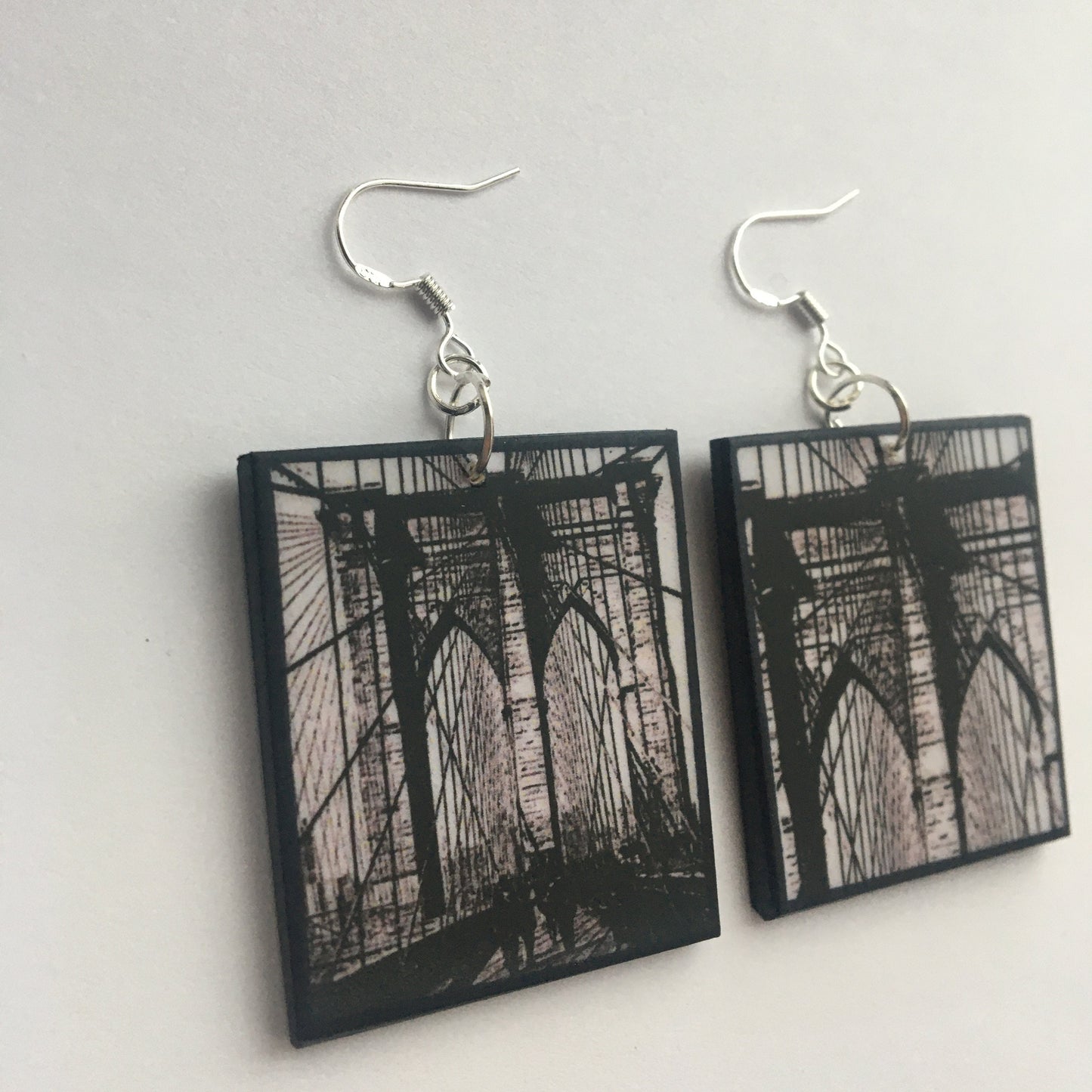 Brooklyn Bridge, artsy earrings gift. Sustainable wood and silver hooks.