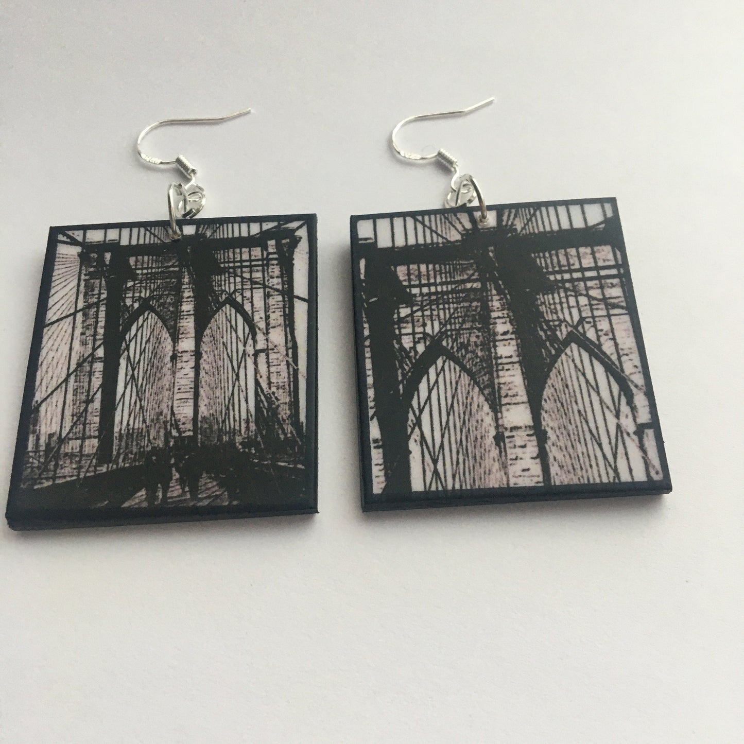 Brooklyn Bridge, artsy earrings gift. Sustainable wood and silver hooks.