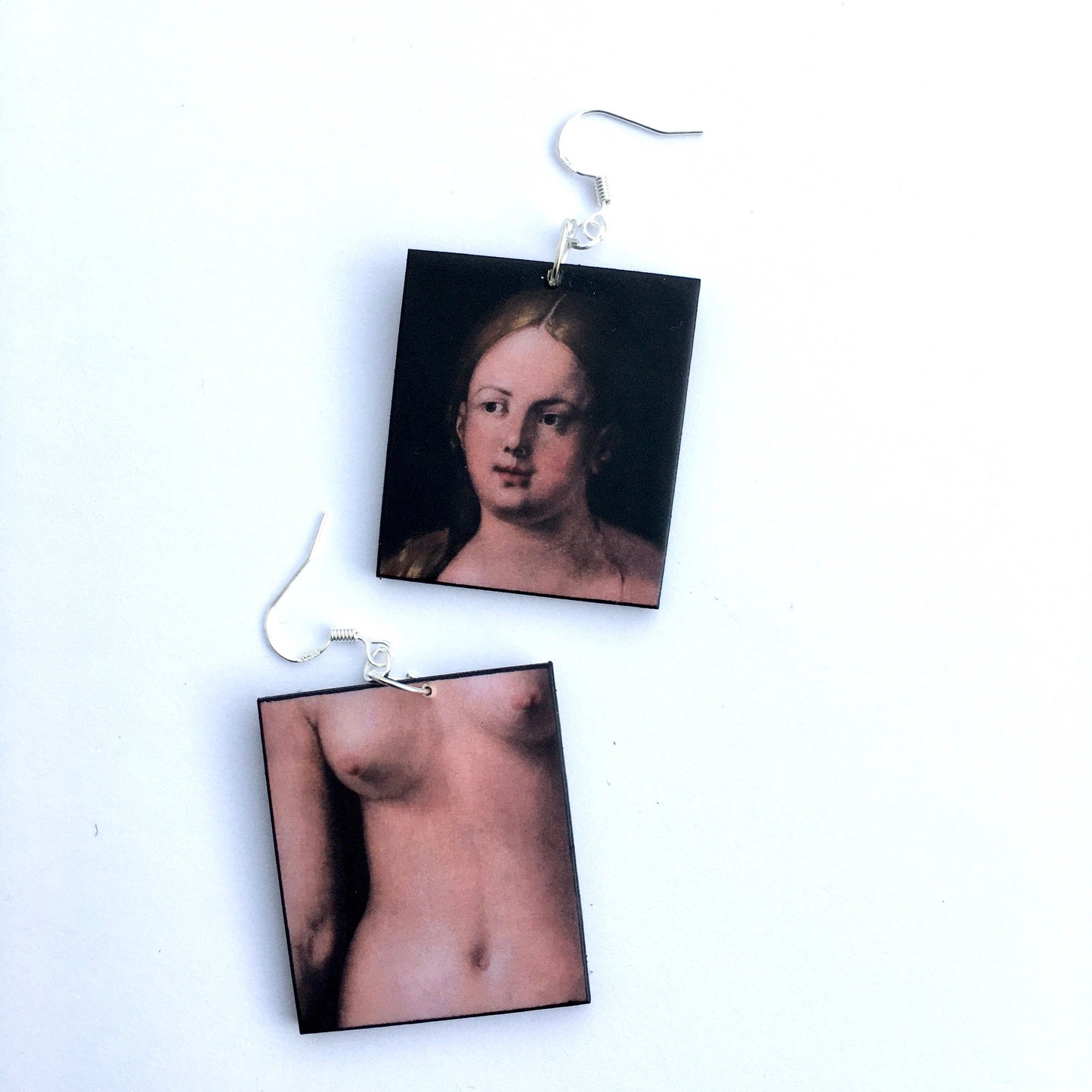 Albrecht Durer, Eve, gothic art style. Wooden, artsy earrings with details of Eve body, nude art earrings.