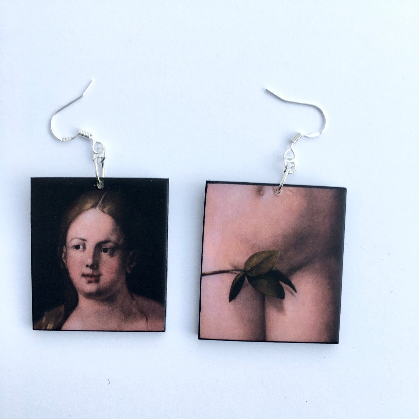 Albrecht Durer, Eve, gothic art style. Wooden, artsy earrings with details of Eve body, nude art earrings. You can choose to buy 3 earrings or a pair with the details you like more.