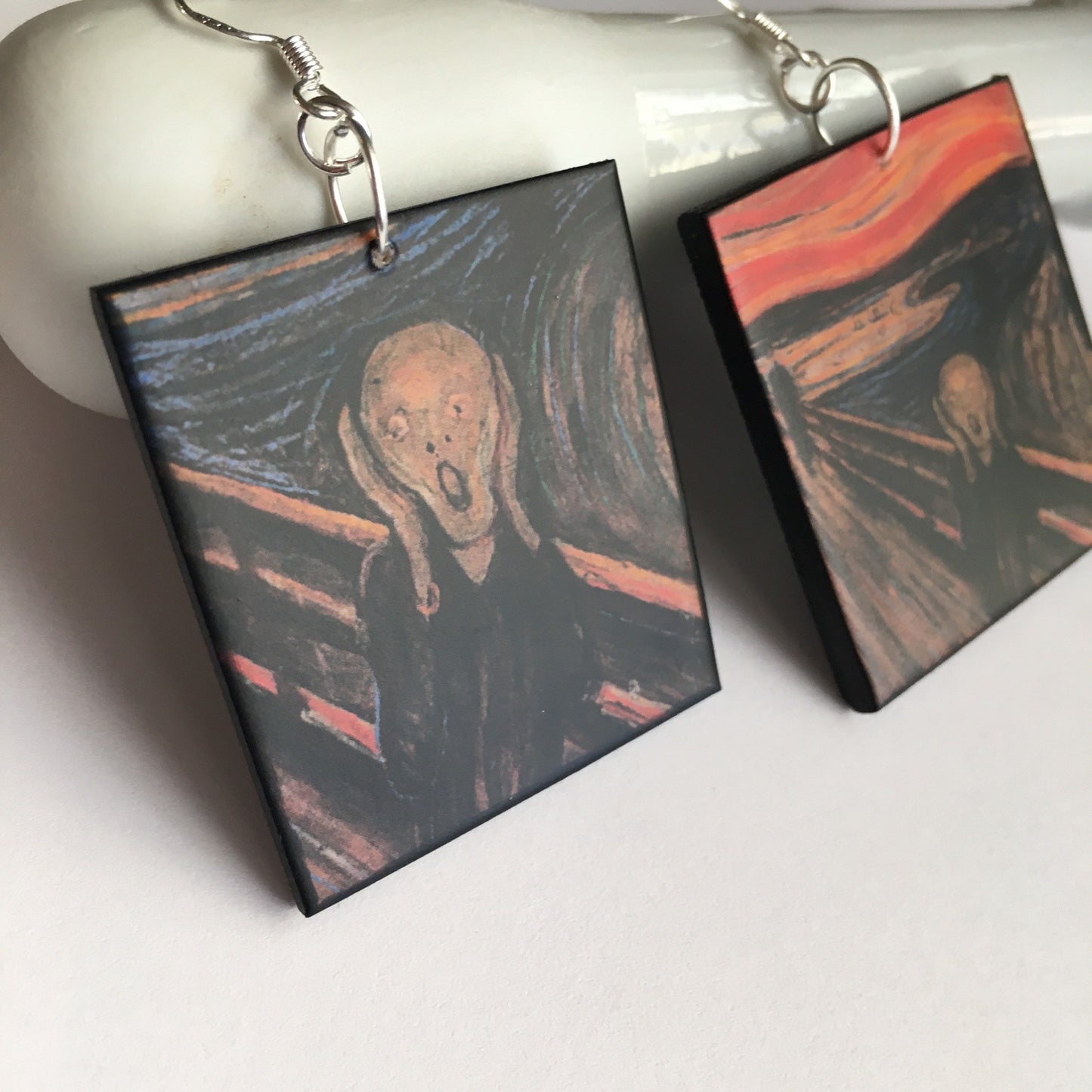 The Scream earrings, Edvard Munch wood earrings. Artsy girl style. Cool gift for her.