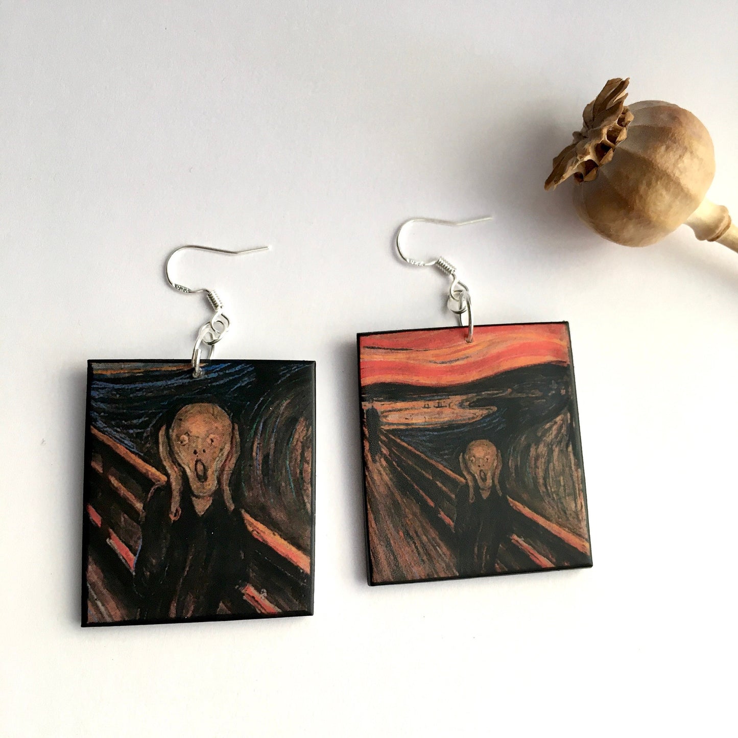 The Scream earrings, Edvard Munch wood earrings. Artsy girl style. Cool gift for her.