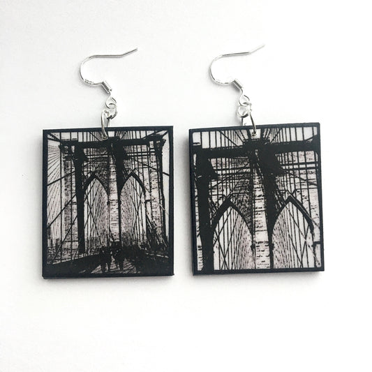 Brooklyn Bridge, artsy earrings gift. Sustainable wood and silver hooks.