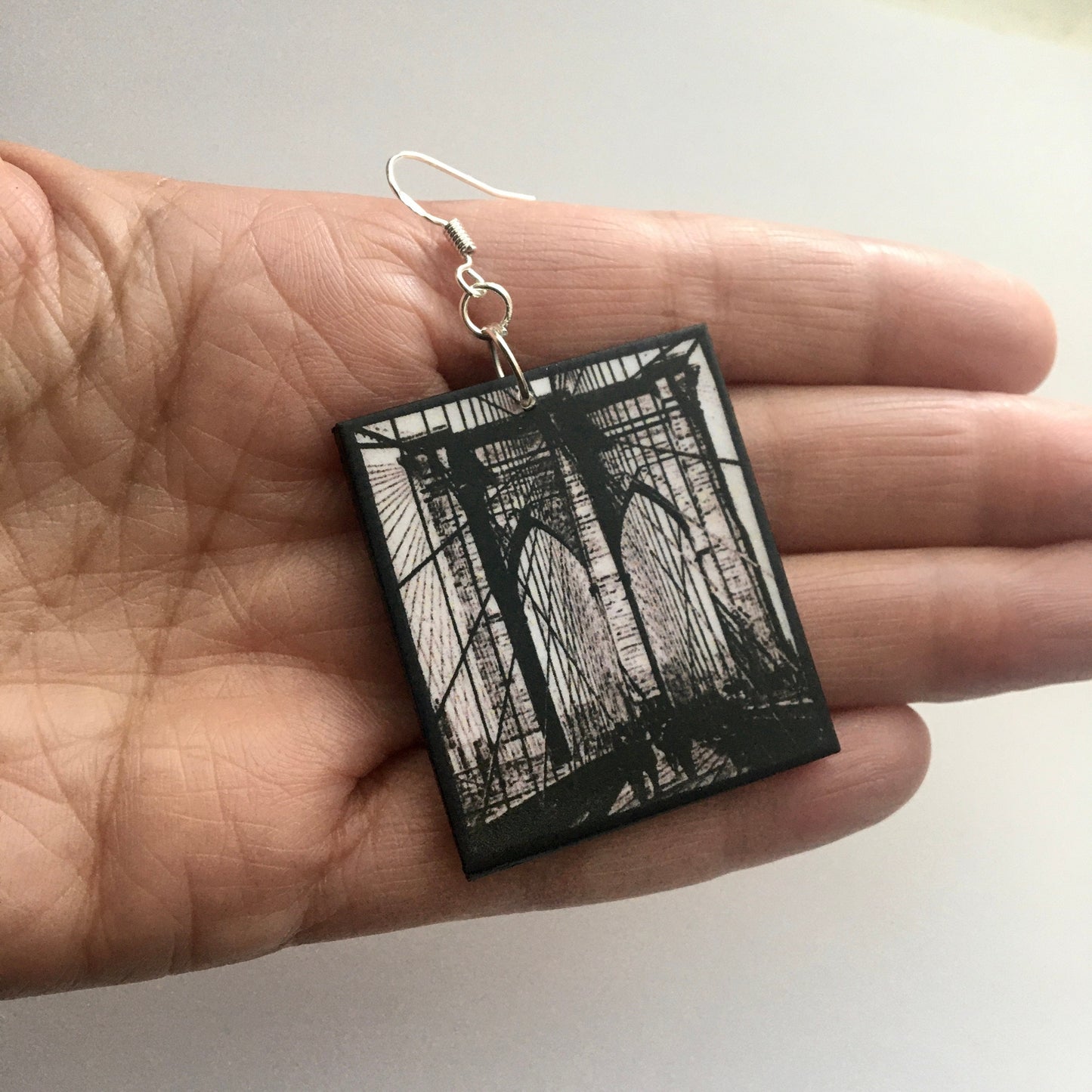 Brooklyn Bridge, artsy earrings gift. Sustainable wood and silver hooks.