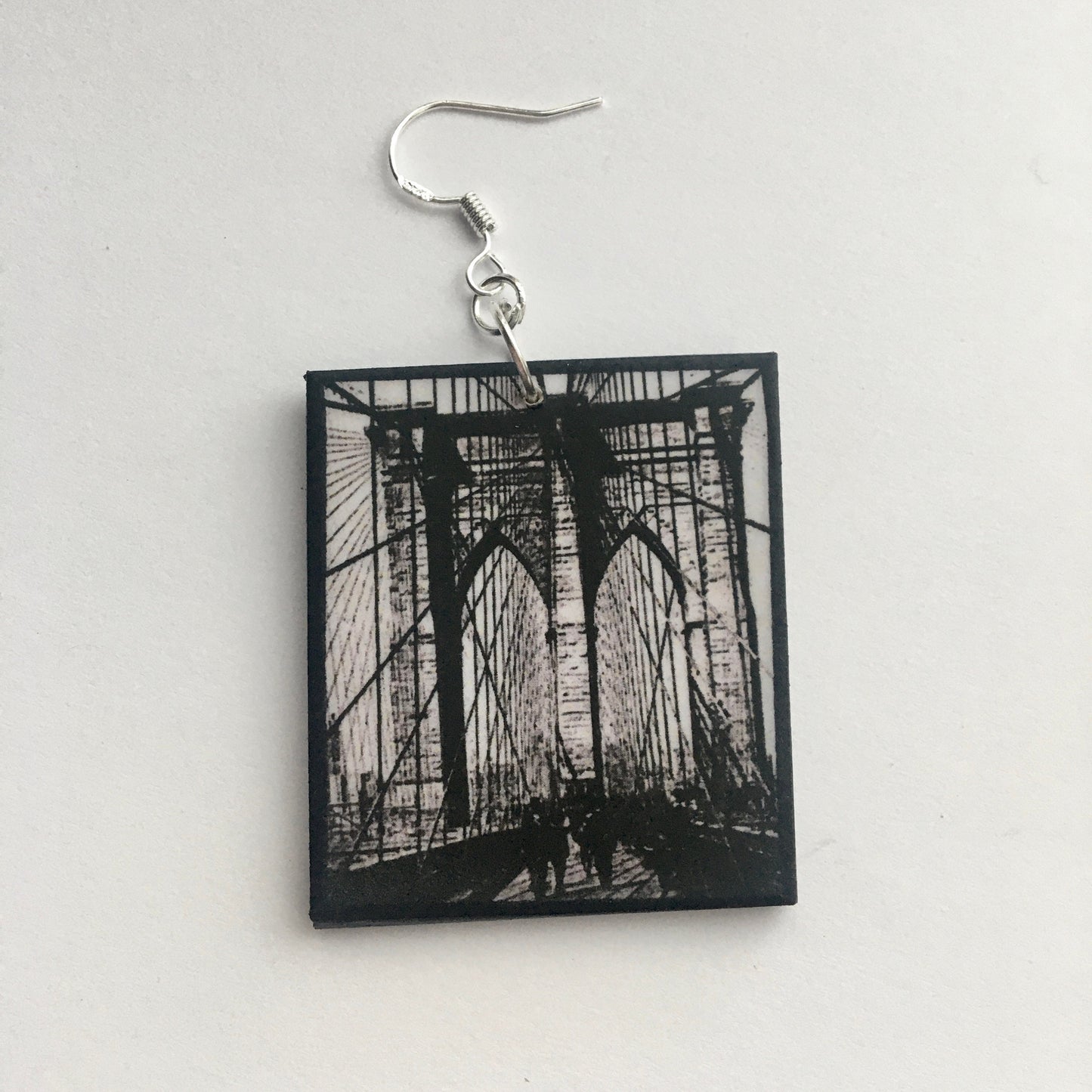 Brooklyn Bridge, artsy earrings gift. Sustainable wood and silver hooks.