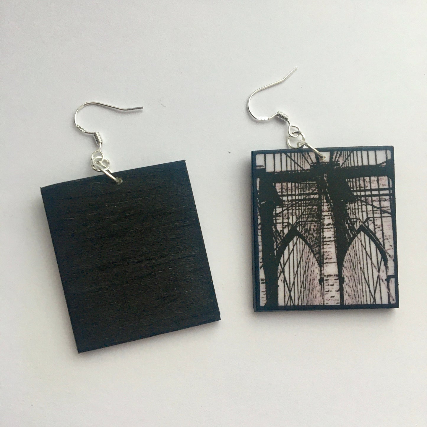 Brooklyn Bridge, artsy earrings gift. Sustainable wood and silver hooks.