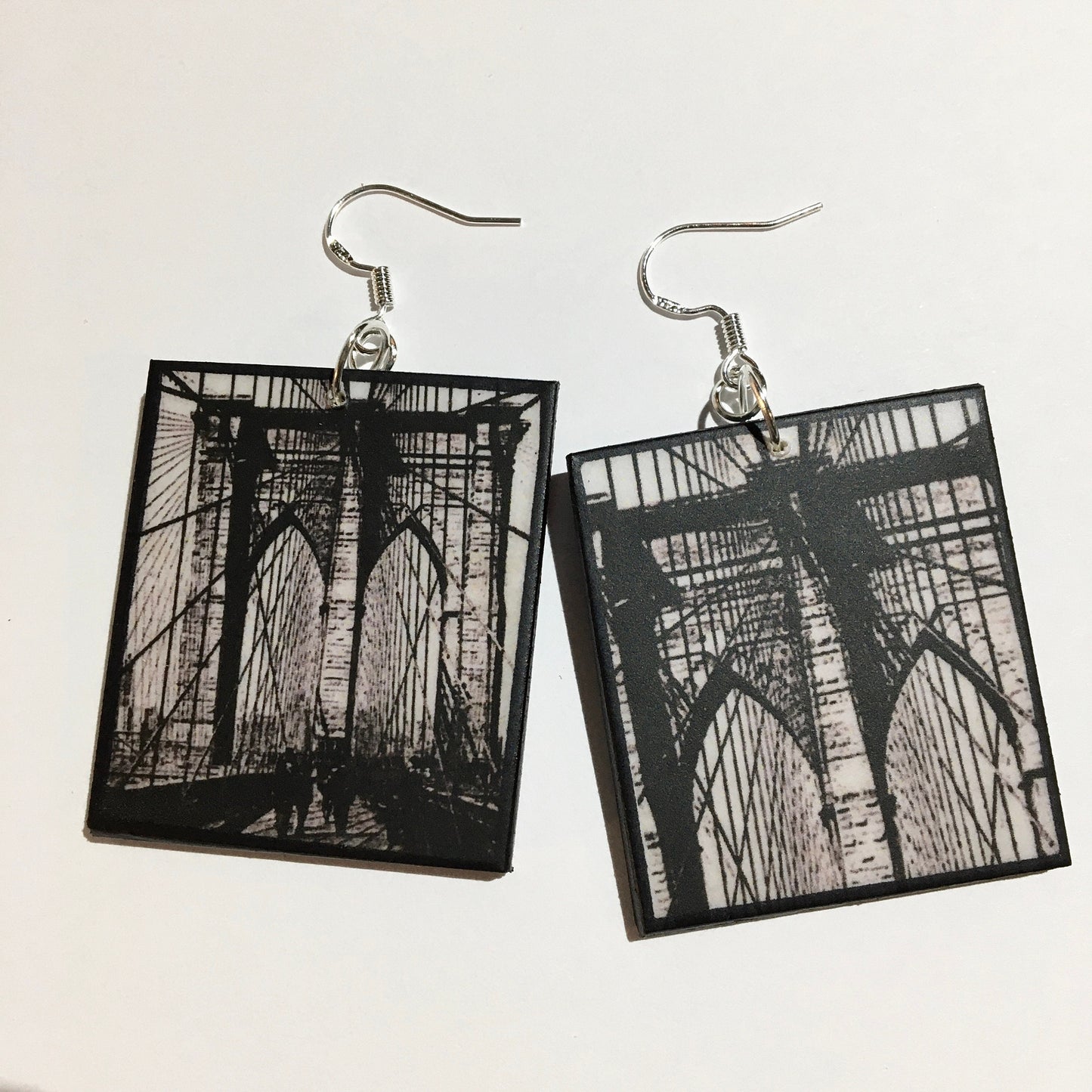 Brooklyn Bridge, artsy earrings gift. Sustainable wood and silver hooks.