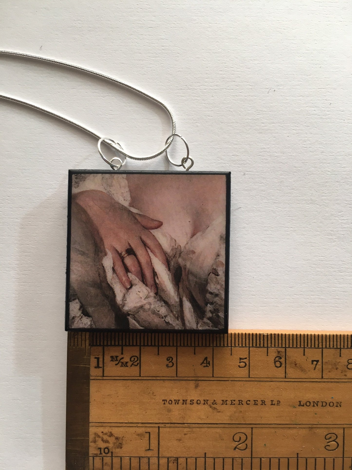 Statement necklace 925 silver chain with wooden squared pendant inspired by a sensual art detail of a hand take from a Neo Rococo painting “Portrait of a Lady” by German artist Franz Xaver Winterhalter.