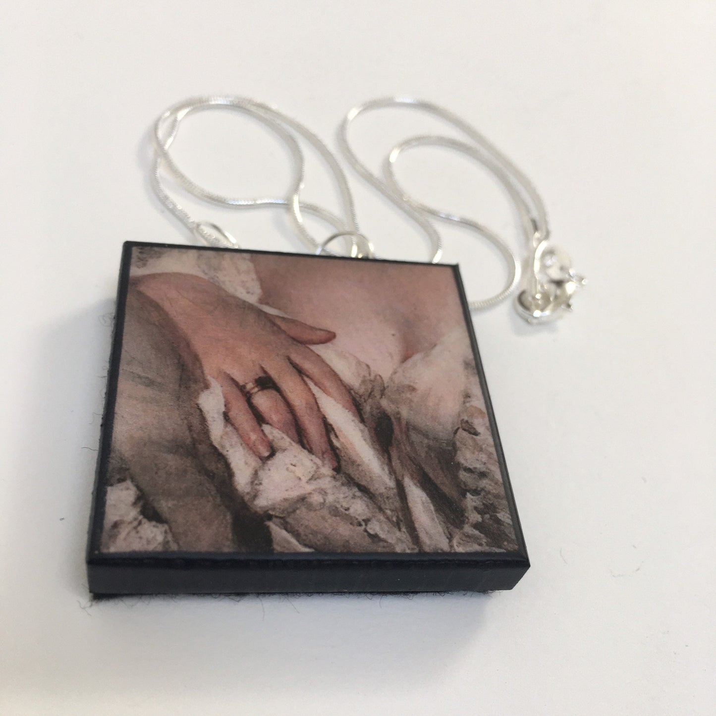 Statement necklace 925 silver chain with wooden squared pendant inspired by a sensual art detail of a hand take from a Neo Rococo painting “Portrait of a Lady” by German artist Franz Xaver Winterhalter.