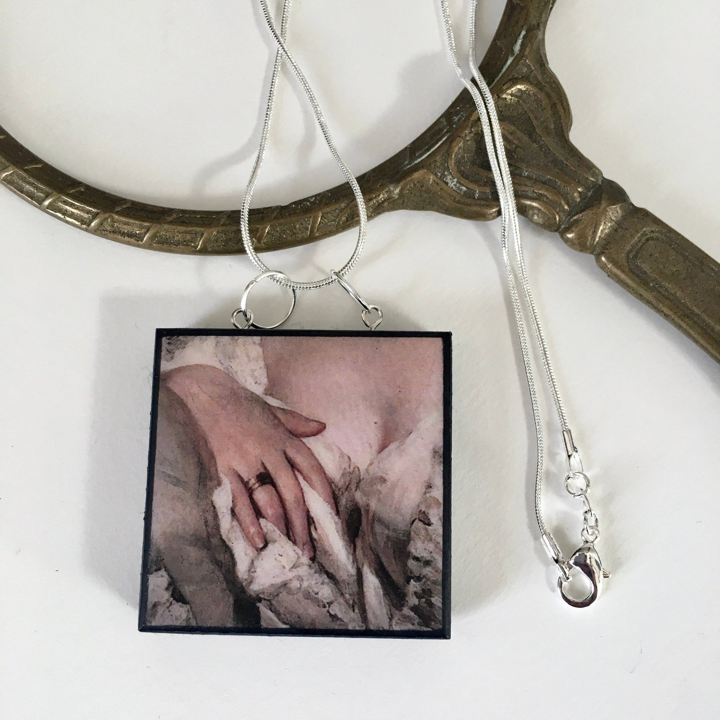 This aesthetic set jewellery shows a sensual art detail of the Rococo painting “Portrait of a Lady” by a German artist Franz Xavier Habermann that used to painting in Romanticism style.