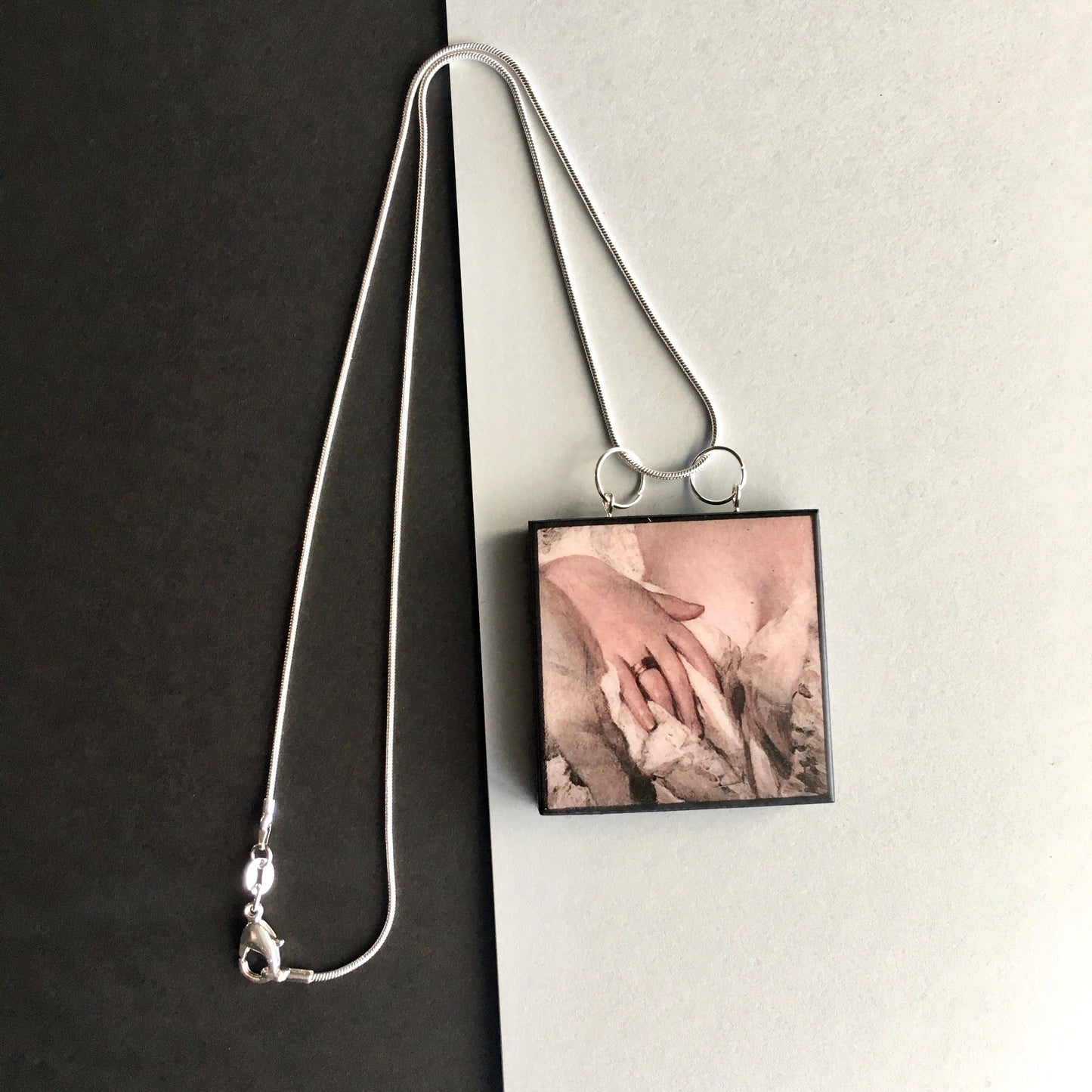 obljewellery Statement necklace 925 silver chain with wooden squared pendant inspired by a sensual art detail of a hand take from a Neo Rococo painting “Portrait of a Lady” by German artist Franz Xaver Winterhalter.
