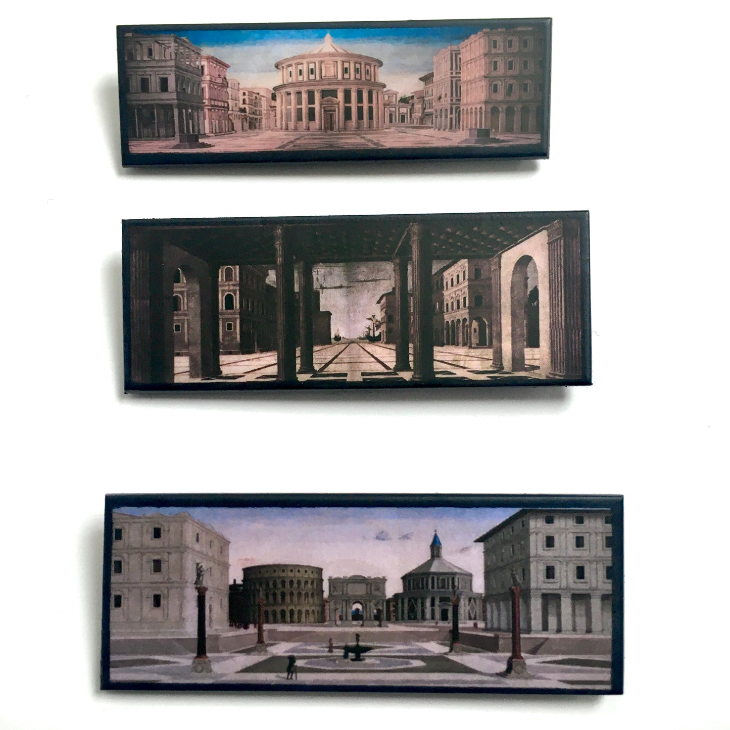 Set of three art brooches “The ideal City” prospectives of Urbino, Berlin and Baltimore. Prospective arqchitectonical paintings from Italian Reinassance. Sustainable, statement brooches handmade from wood by Obljewellery
