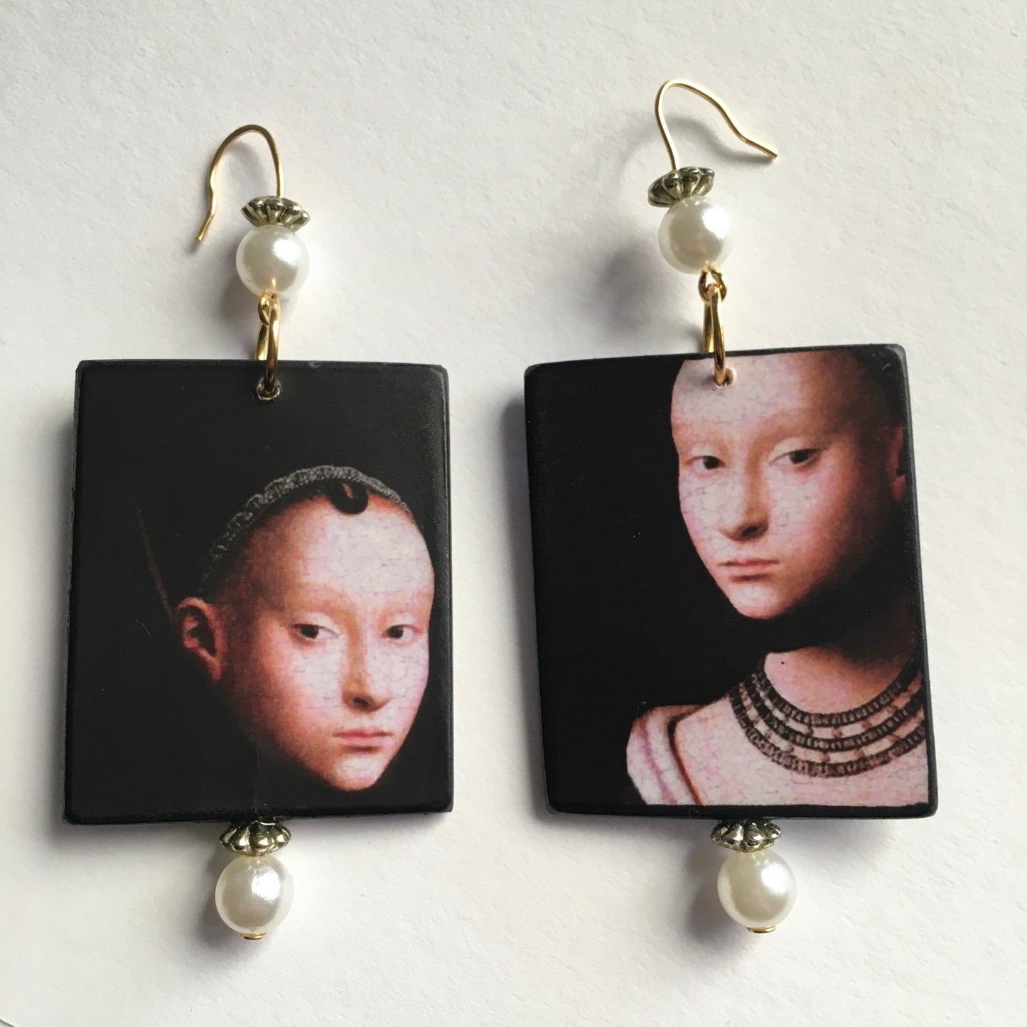 Petrus Christus art earrings handmade from sustainable wood with pearls. Renaissance portrait detail.