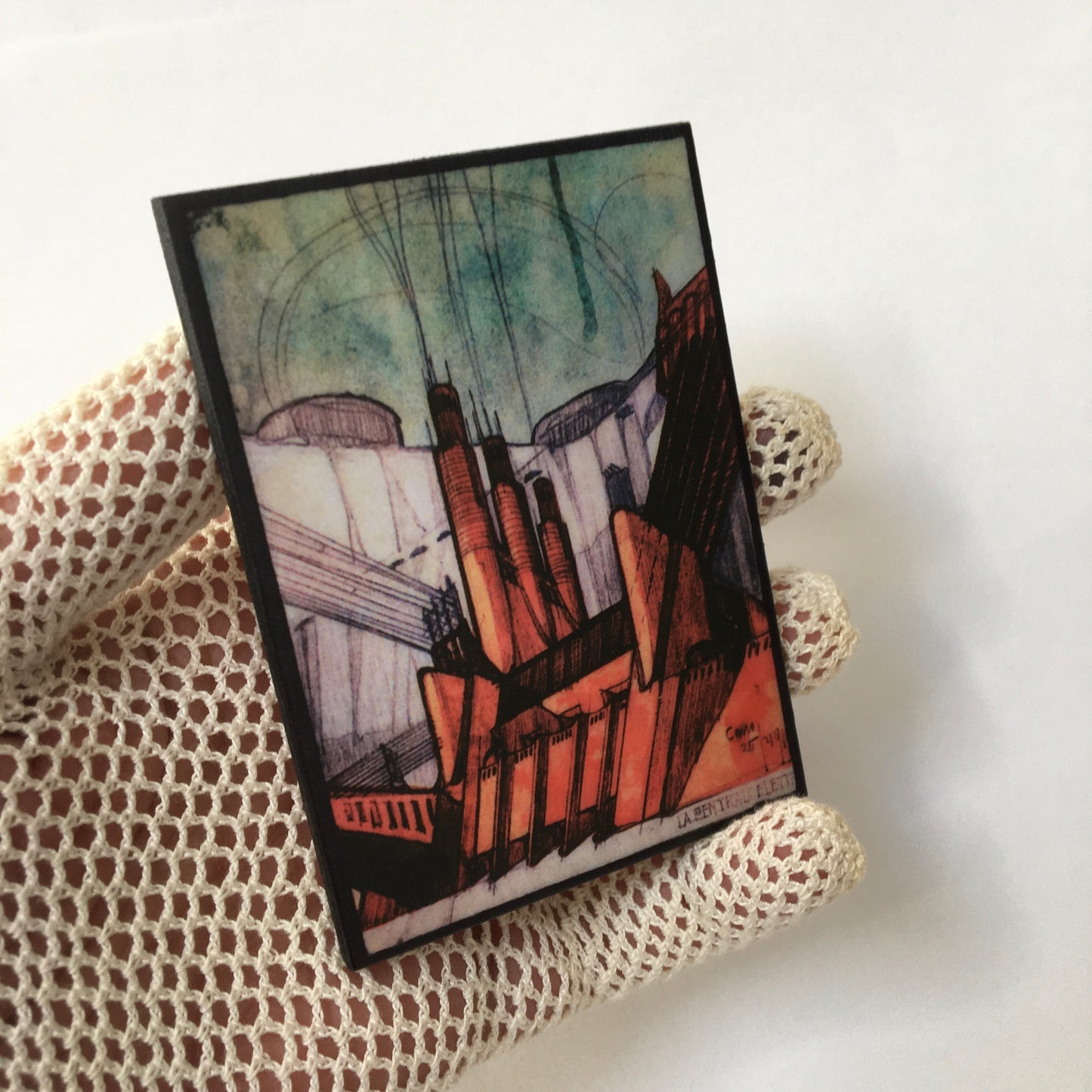 Futurist Architecture drawing by Antonio Sant’Elia, "The power station", part of the series La Città Nuova, 1914., on top of this sustainable wood brooch designed and handmade by Obljewellery, architectural gift.
