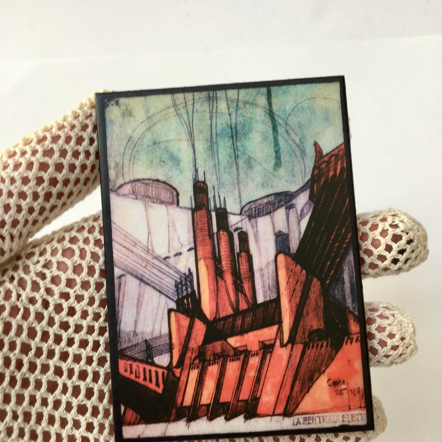 Futurist Architecture drawing by Antonio Sant’Elia, "The power station", part of the series La Città Nuova, 1914., on top of this sustainable wood brooch designed and handmade by Obljewellery, architectural gift.