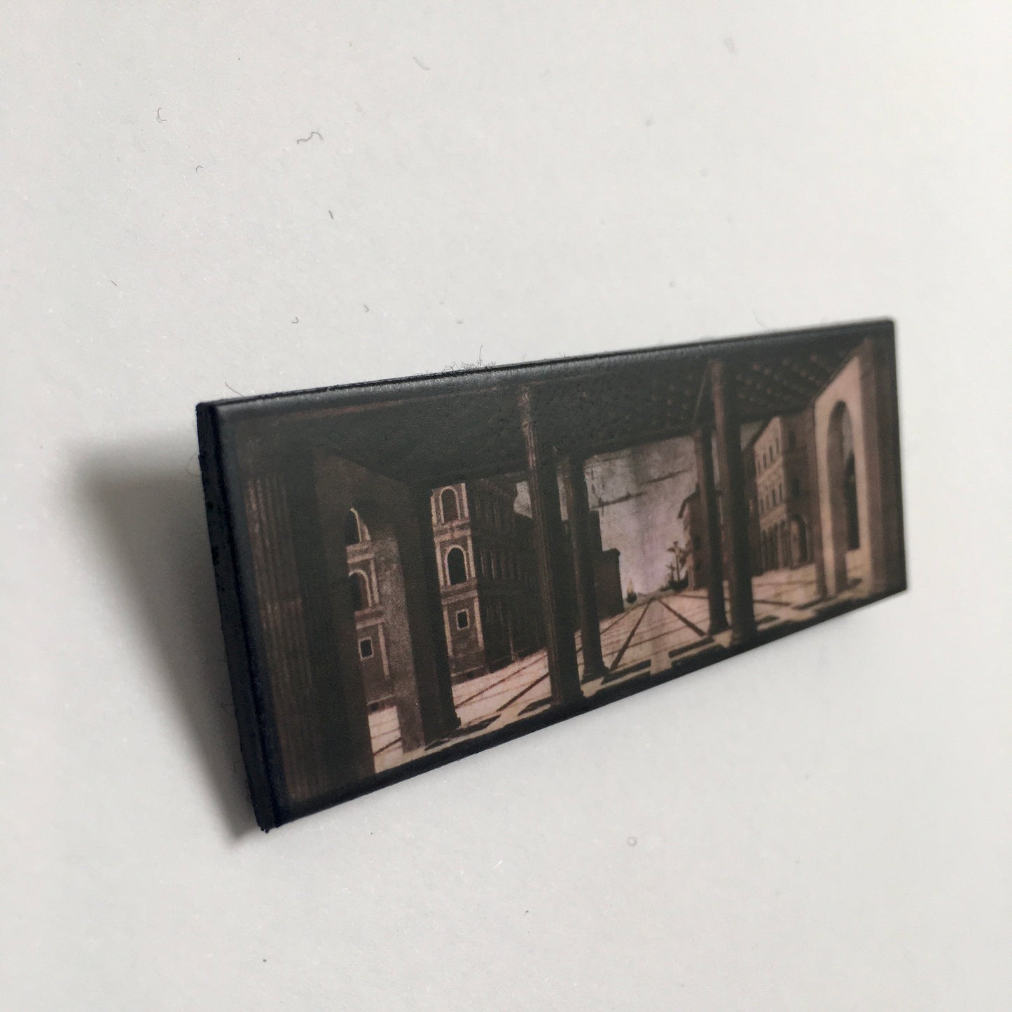 The Ideal City, Berlin Renaissance art brooch on sustainable wood. Aesthetic jewellery inspired by the Italian architectonical art. Artsy gift for men and woman.