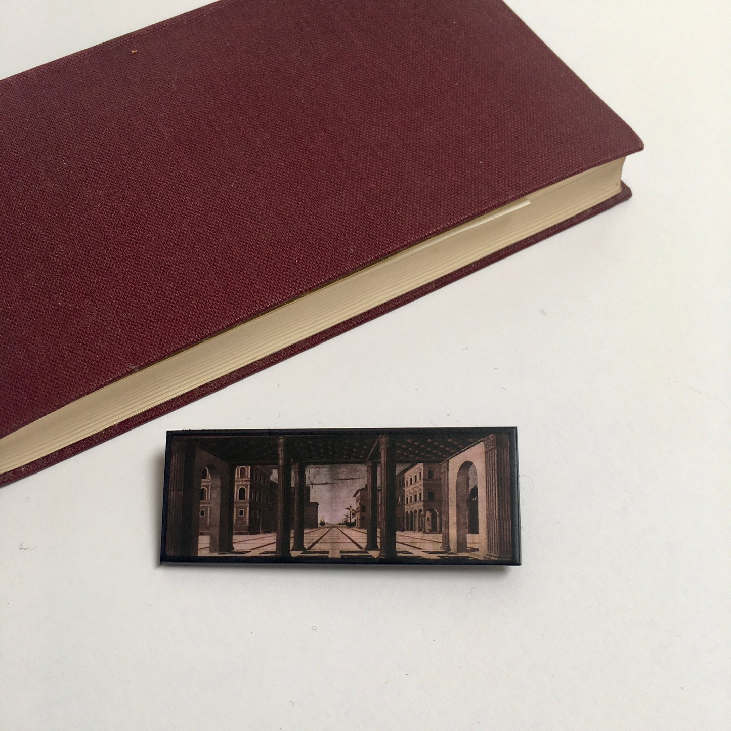 The Ideal City, Berlin Renaissance art brooch on sustainable wood. Aesthetic jewellery inspired by the Italian architectonical art. Artsy gift for men and woman.