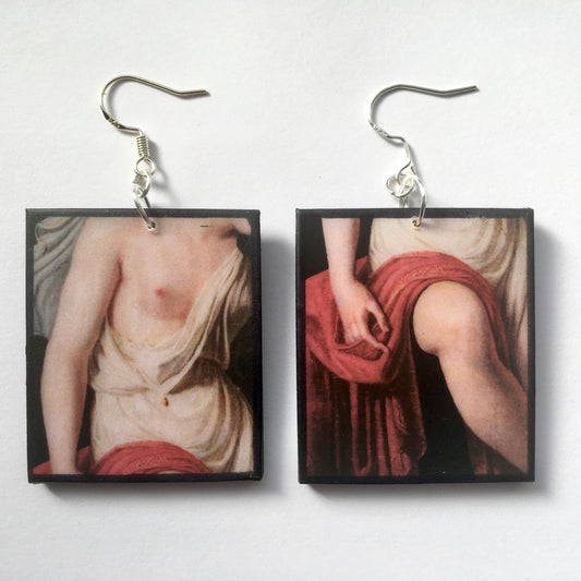 Sensual art earrings on sustainable wood. Mismatched earrings with art details of Sappho nude body. obljewellery artsy gift jewellery.