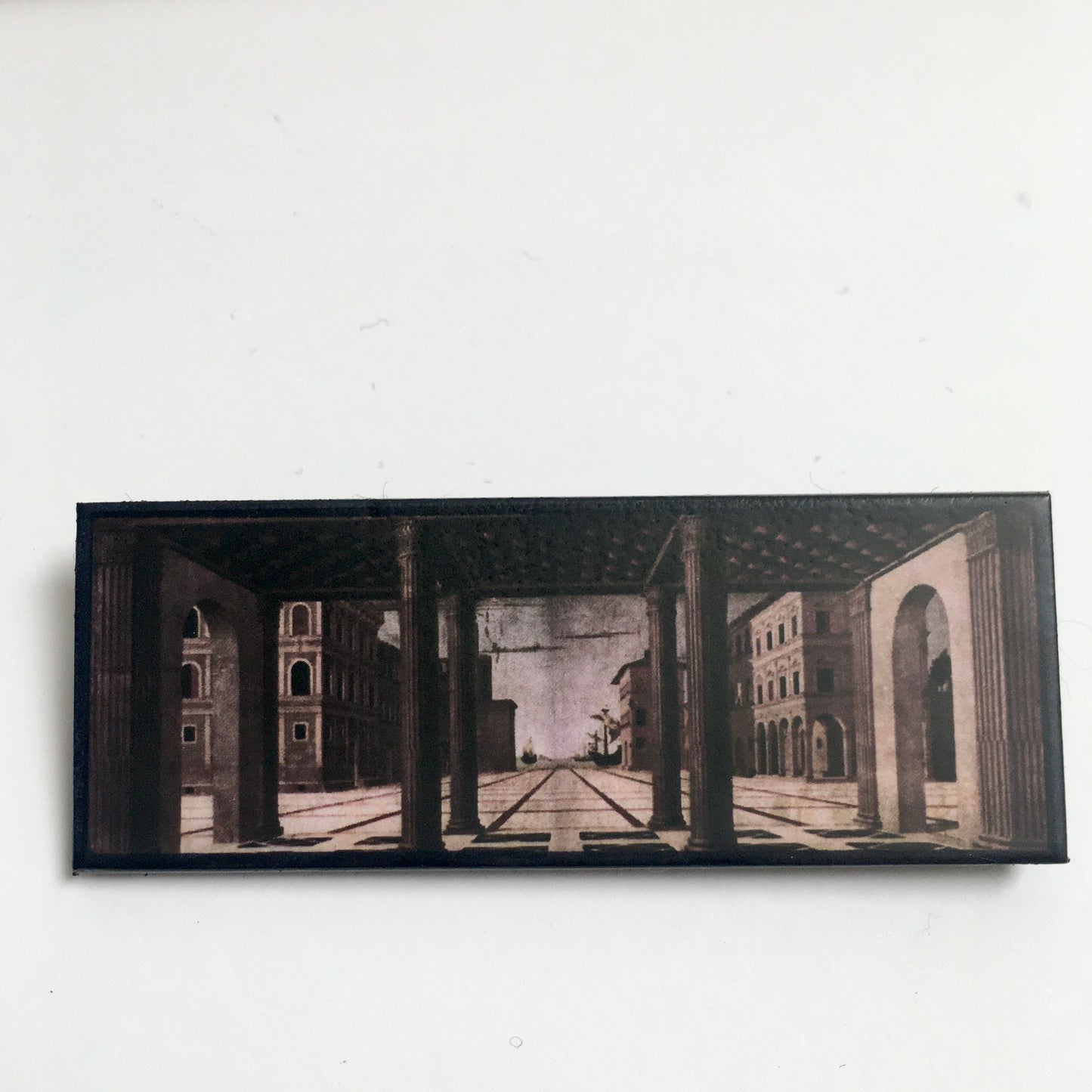 The Ideal City, Berlin Renaissance art brooch on sustainable wood. Aesthetic jewellery inspired by the Italian architectonical art. Artsy gift for men and woman.