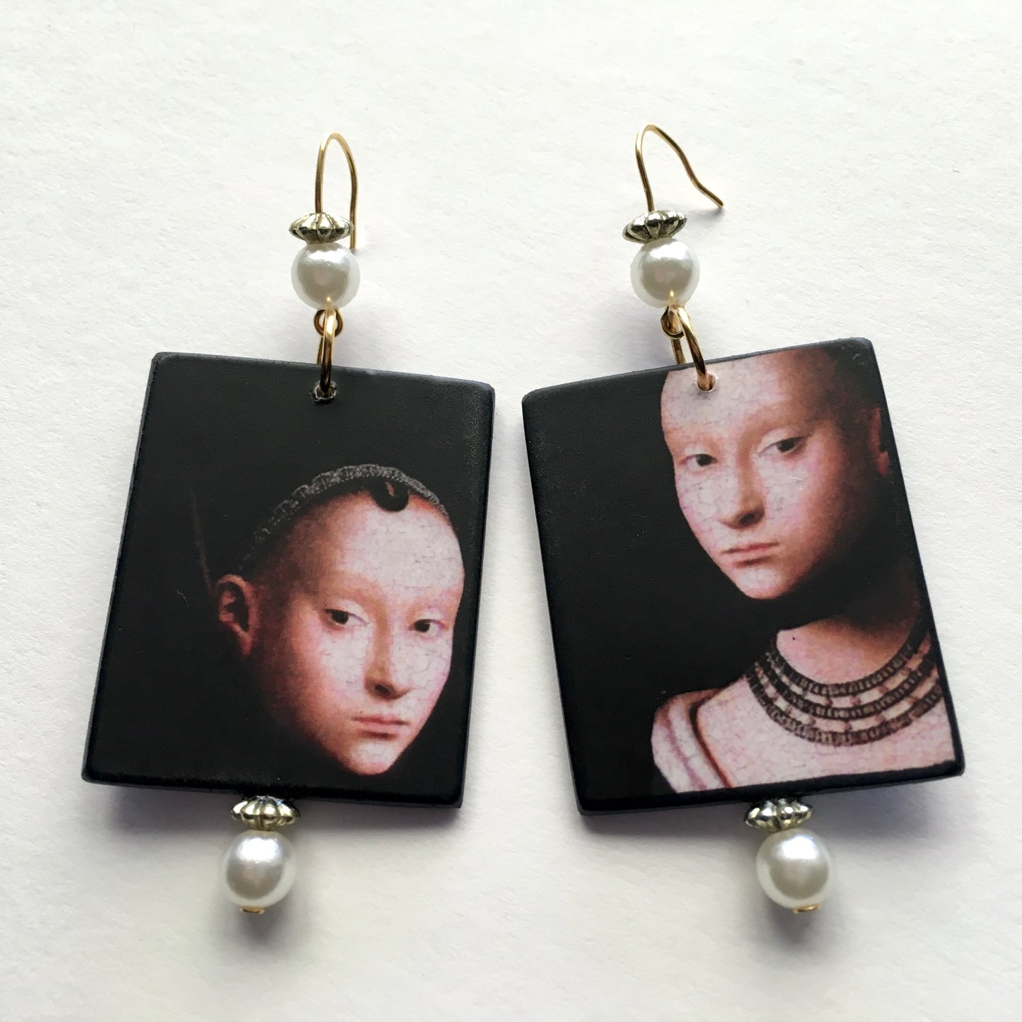 Petrus Christus art earrings handmade from sustainable wood with pearls. Renaissance portrait detail.