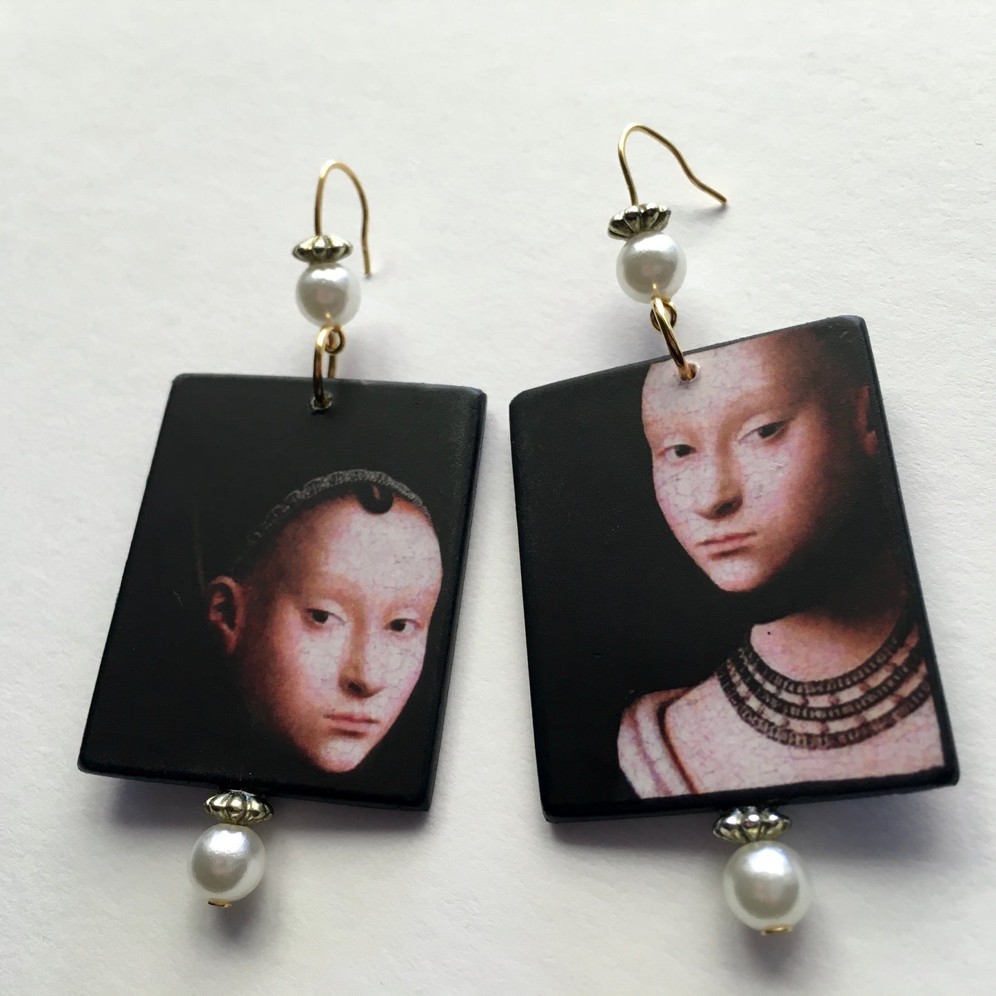 Petrus Christus art earrings handmade from sustainable wood with pearls. Renaissance portrait detail.