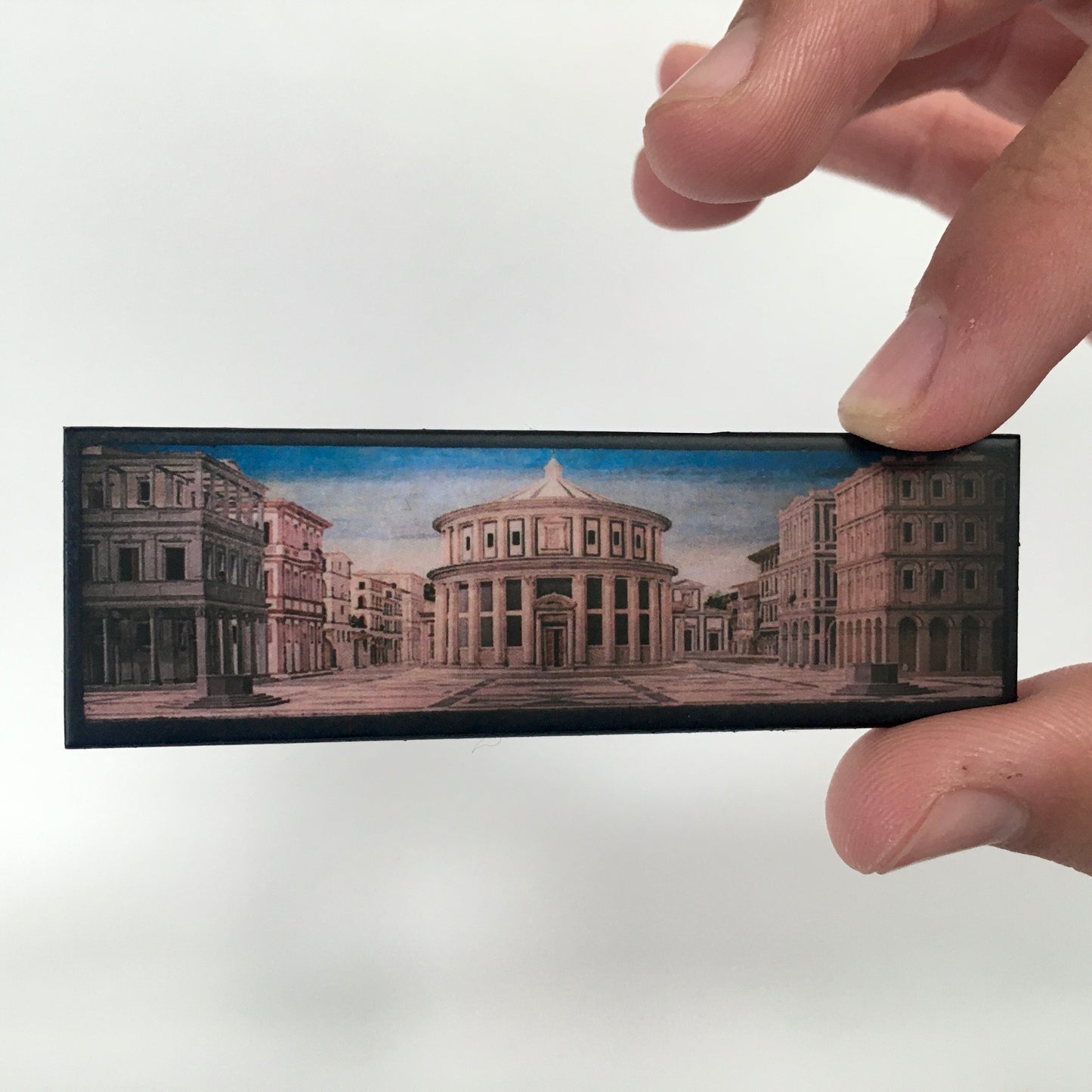 Set of three art brooches “The ideal City” prospectives of Urbino, Berlin and Baltimore. Prospective architectonical paintings from Italian Reinassance. Sustainable, statement brooches handmade from wood by Obljewellery