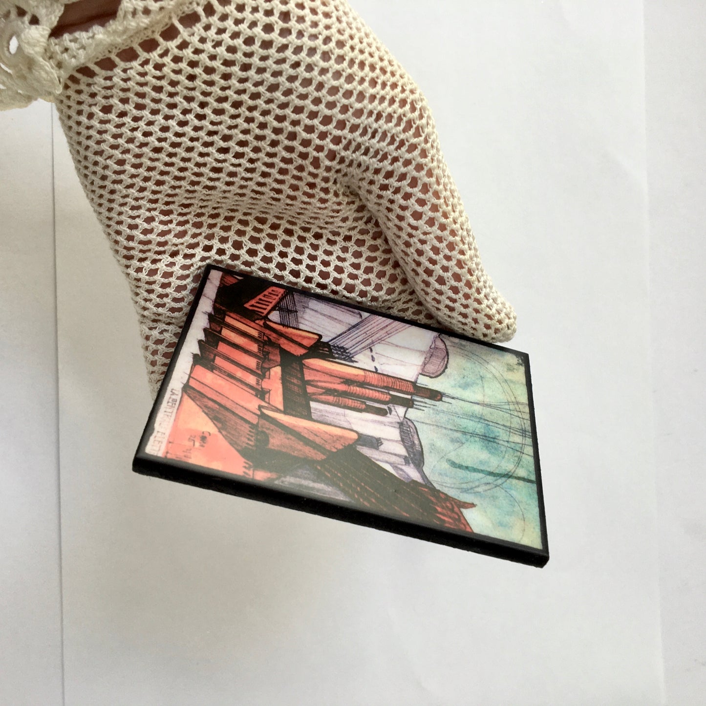 Futurist Architecture drawing by Antonio Sant’Elia, "The power station", part of the series La Città Nuova, 1914., on top of this sustainable wood brooch designed and handmade by Obljewellery, architectural gift.