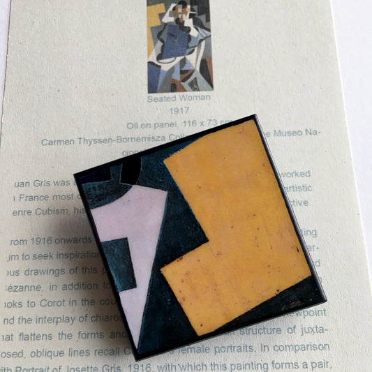 Art detail from Cubism painting by Spanish artist Juan Gris. Sustainable square brooch handmade from wood by Obljewellery