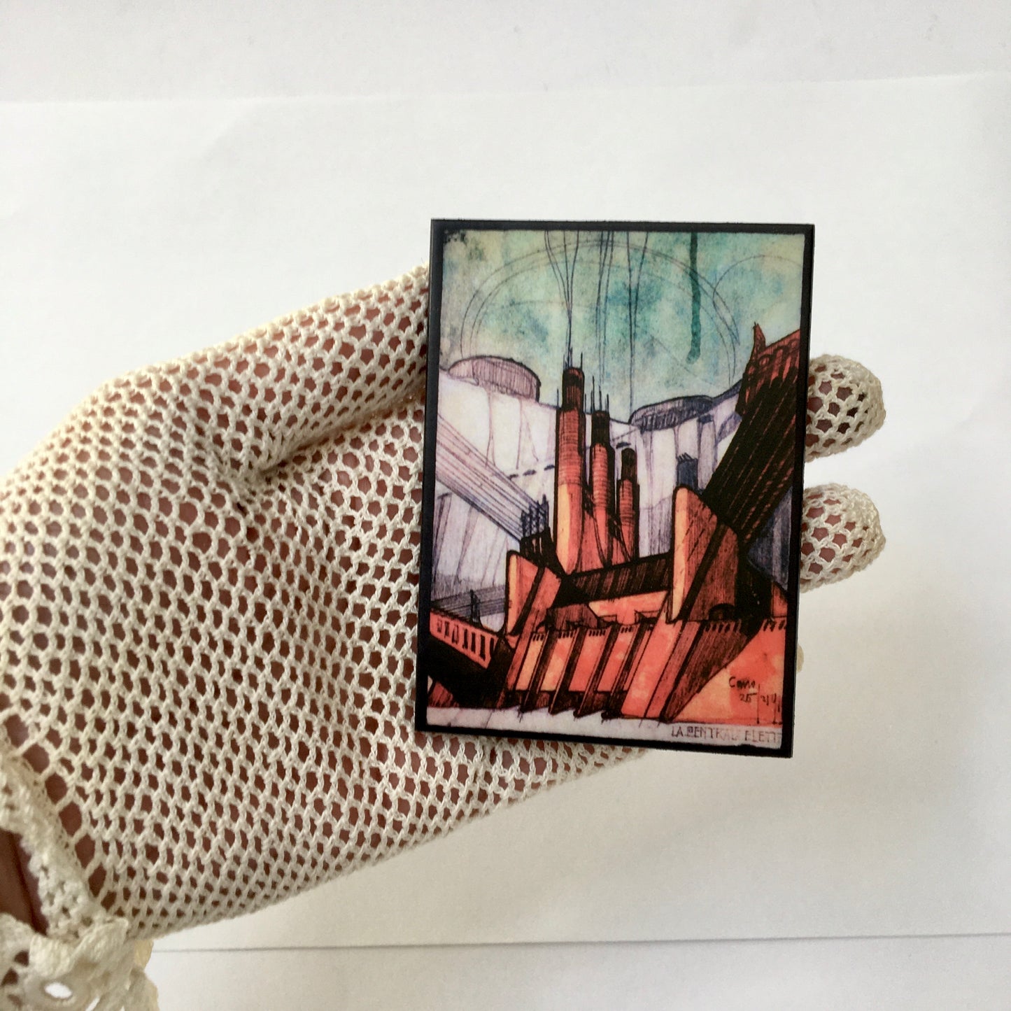 Futurist Architecture drawing by Antonio Sant’Elia, "The power station", part of the series La Città Nuova, 1914., on top of this sustainable wood brooch designed and handmade by Obljewellery, architectural gift.