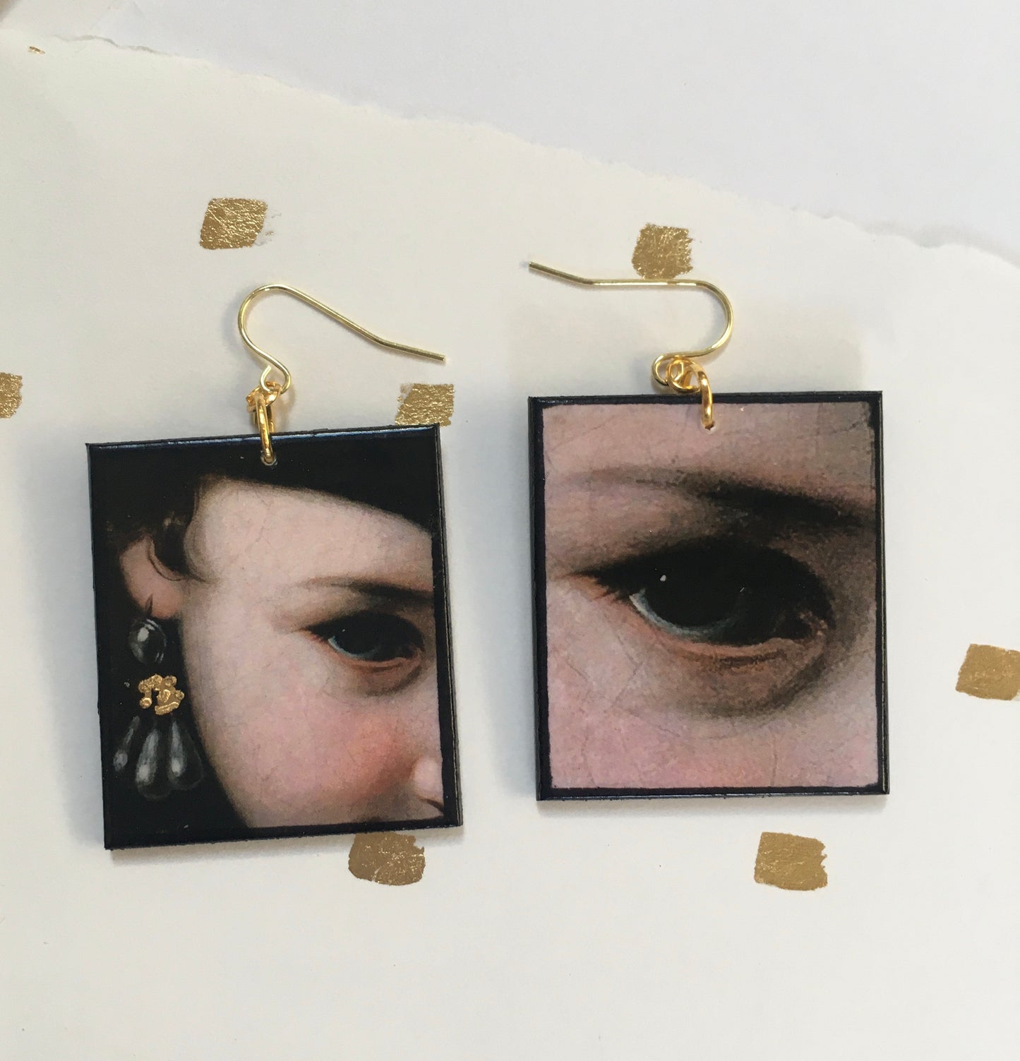 Sustainable wood earrings with eyes details inspired by the Italian Baroque artist Pietro Antonio Rotari and his painting‘Girl with a Book’