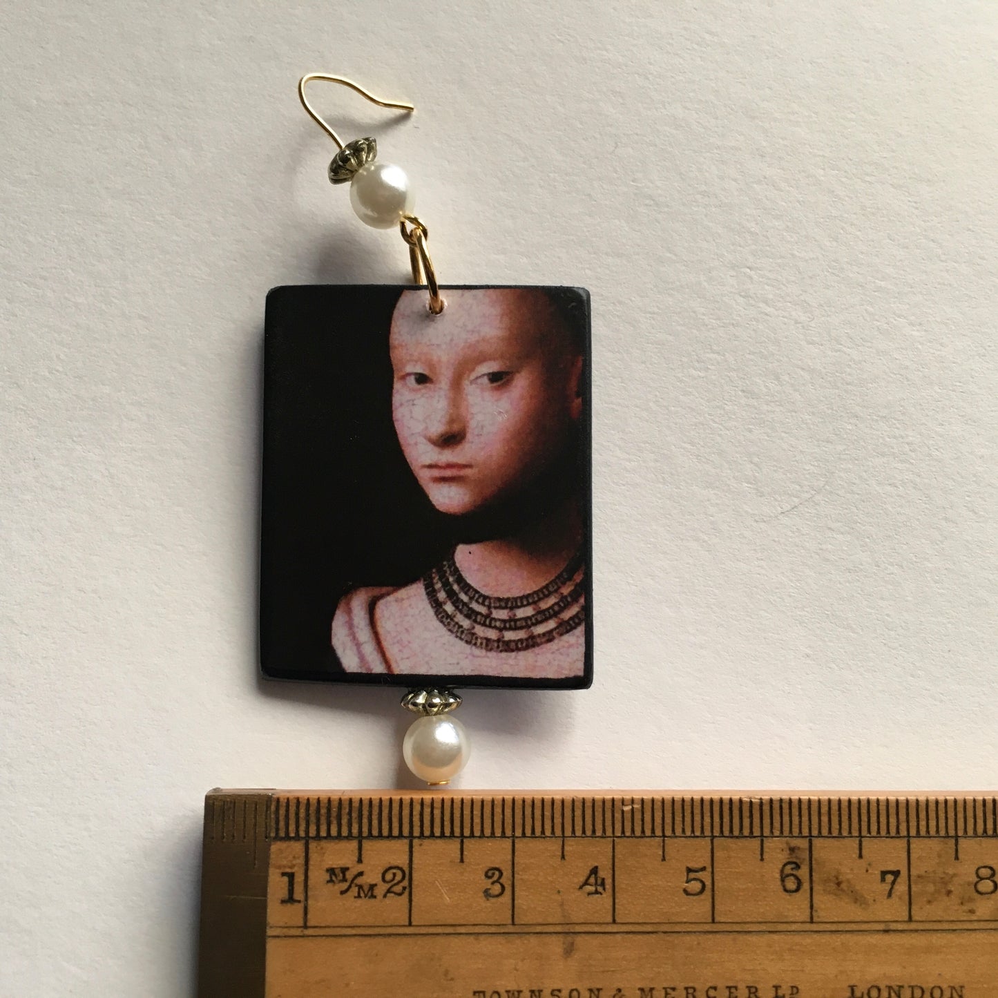 Petrus Christus art earrings handmade from sustainable wood with pearls. Renaissance portrait detail.